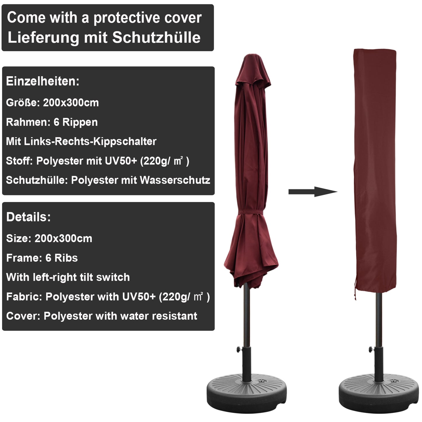 RANSENERS Sonnenschirm 200 * 300cm Rechteckig Kippbar Gartenschirm - Stilvoller Marketschirm mit Sonnenschutz UV50+ und Einfacher Handhabung