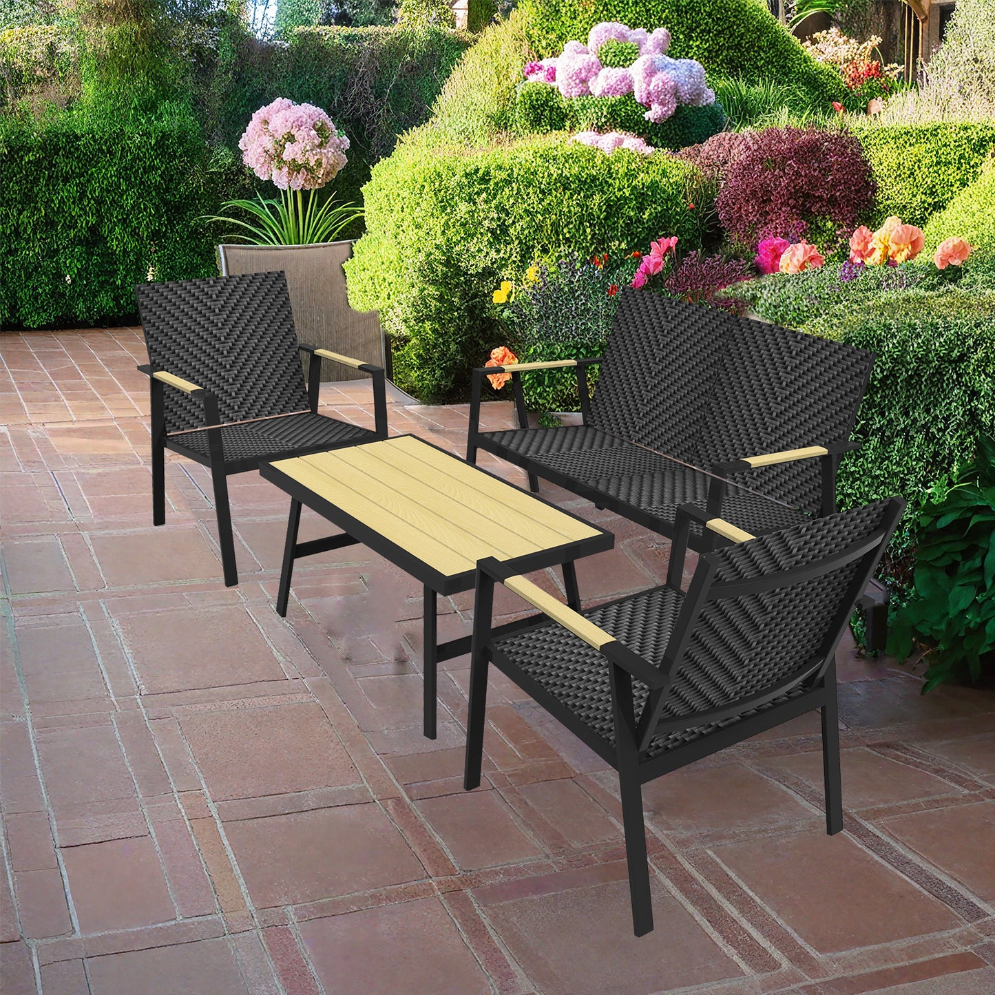 RANSENERS Premium 4tlg-Set Gartenmöbelset mit Vollemaluminium Rahmen und Polyrattan Sitzfläche für Garten Terrasse und Balkon (Schwarz)