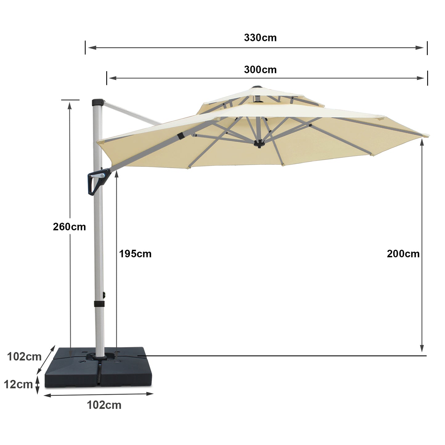 RANSENERS Premium Ampelschirm mit Schirmständer, Rund Ø 300cm, mit 360° Drehbar, UV-Schutz UPF50+ (Creme)