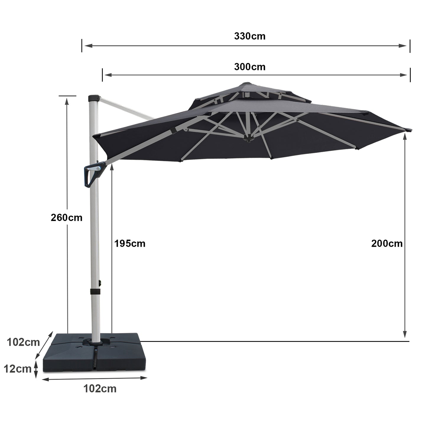 RANSENERS Premium Ampelschirm mit Schirmständer, Rund Ø 300cm, mit 360° Drehbar, UV-Schutz UPF50+ (Grau)