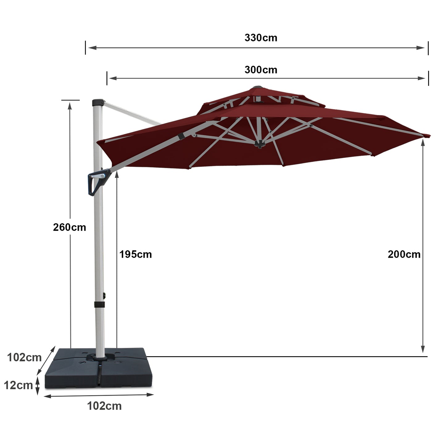 RANSENERS Premium Ampelschirm mit Schirmständer, Rund Ø 300cm, mit 360° Drehbar, UV-Schutz UPF50+ (Rotwein)