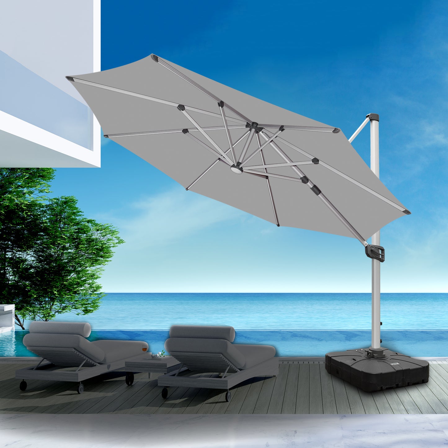 RANSENERS Premium Ampelschirm mit Solar-LED - Ø350cm Sonnenschirm mit Kreuzfuß - 360° Drehbar - UV50+ Stoff Schützen Sie sich vor Sonnenstrahlen im Garten - Grau