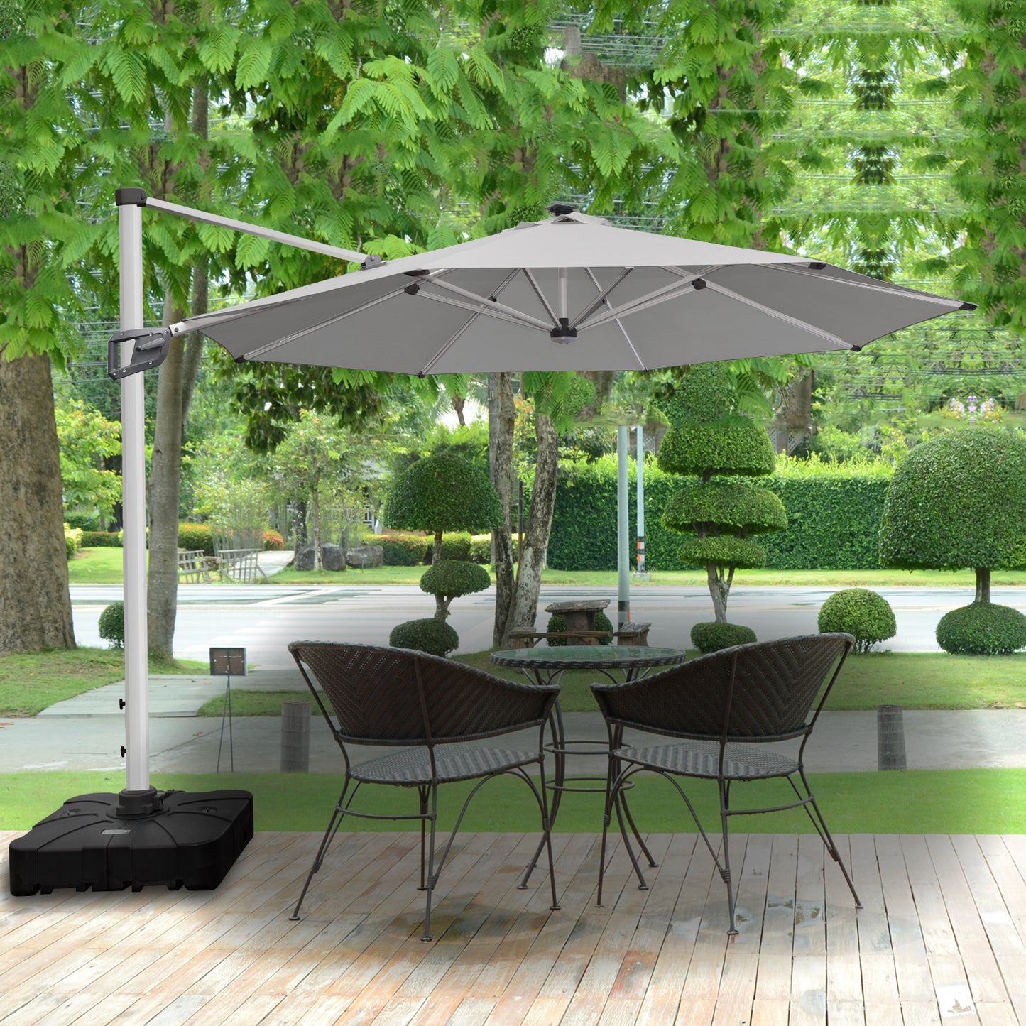 RANSENERS Premium Ampelschirm mit Solar-LED - Ø350cm Sonnenschirm mit Kreuzfuß - 360° Drehbar - UV50+ Stoff Schützen Sie sich vor Sonnenstrahlen im Garten - Grau