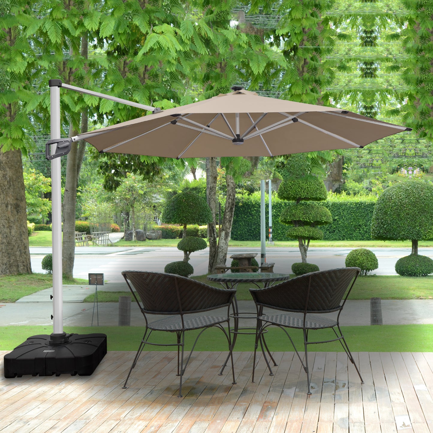 RANSENERS Premium Ampelschirm mit Solar-LED - Ø350cm Sonnenschirm mit Kreuzfuß - 360° Drehbar - UV50+ Stoff Schützen Sie sich vor Sonnenstrahlen im Garten - Beige