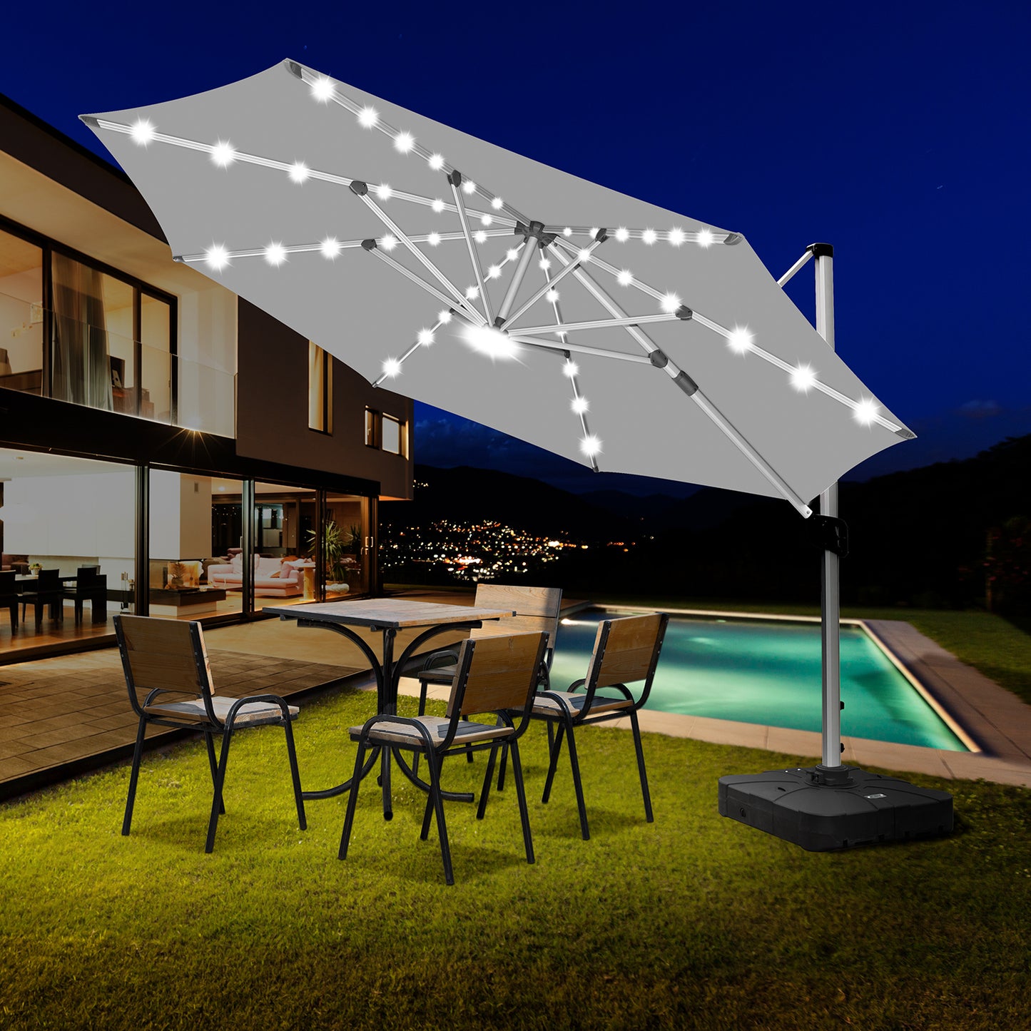 RANSENERS Premium Ampelschirm mit Solar-LED - Ø350cm Sonnenschirm mit Kreuzfuß - 360° Drehbar - UV50+ Stoff Schützen Sie sich vor Sonnenstrahlen im Garten - Grau