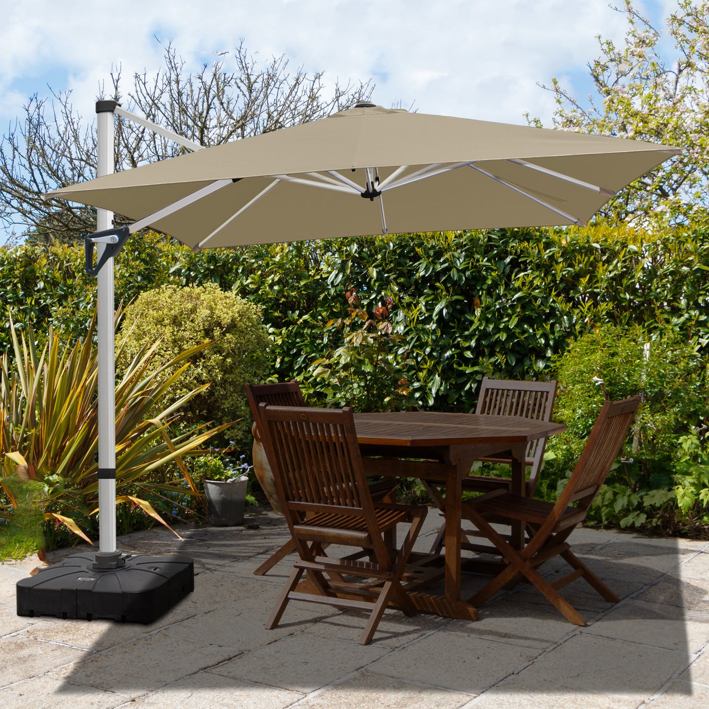 RANSENERS Premium Ampelschirm 270 x 270 cm mit Schirmständer, Aluminium Rahmen, 360° Drehbar, Neigbar 0°-90°, 240 g/m² Extra-Dicker Gewebe mit UV50+, für Garten, Kaffeehaus im Freien
