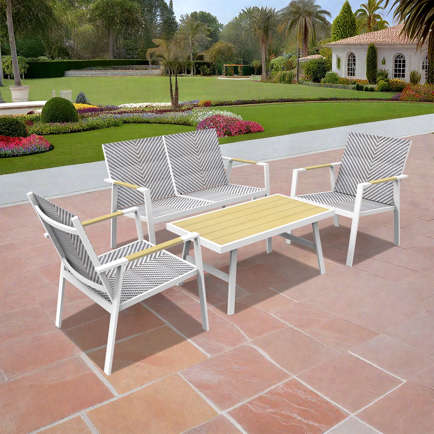 RANSENERS Premium 4tlg-Set Gartenmöbelset mit Vollemaluminium Rahmen und Polyrattan Sitzfläche für Garten Terrasse und Balkon (Weiß)