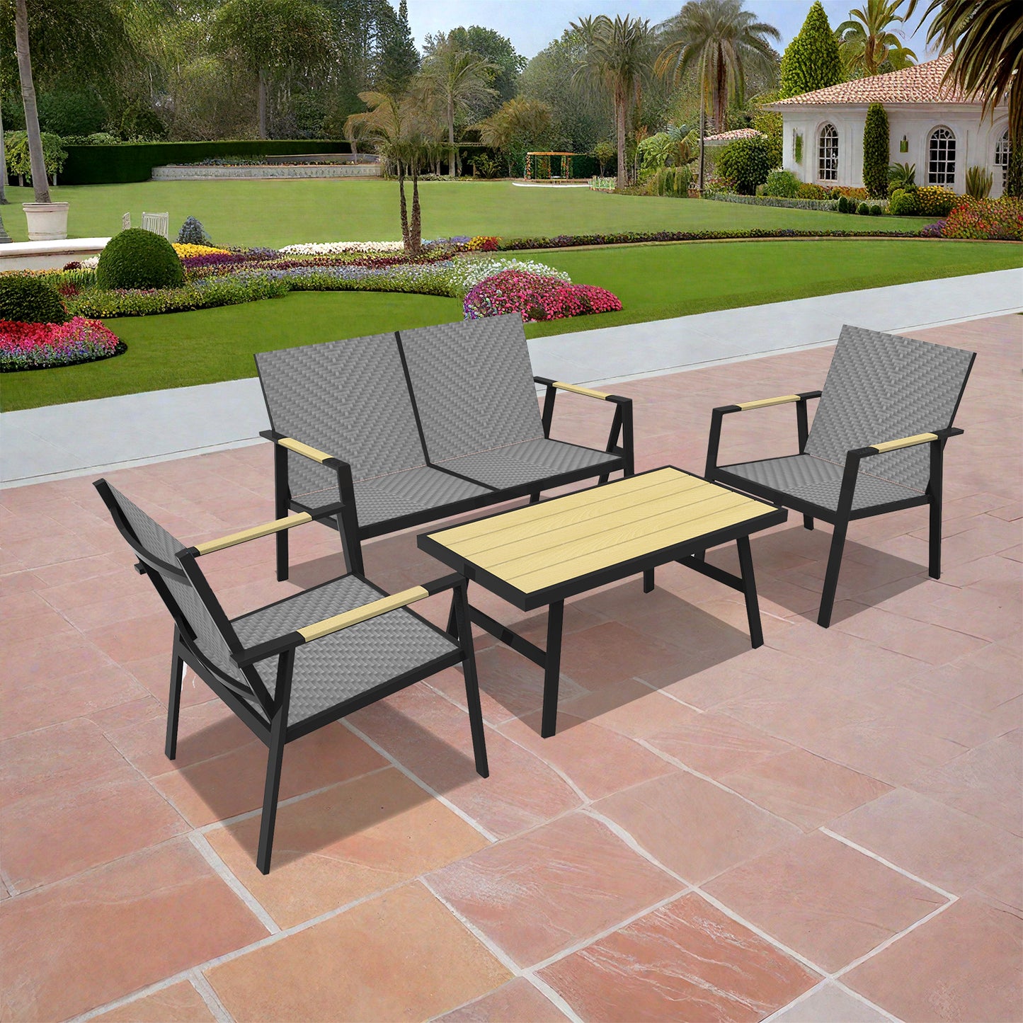 RANSENERS Premium 4tlg-Set Gartenmöbelset mit Vollemaluminium Rahmen und Polyrattan Sitzfläche für Garten Terrasse und Balkon (Grau)