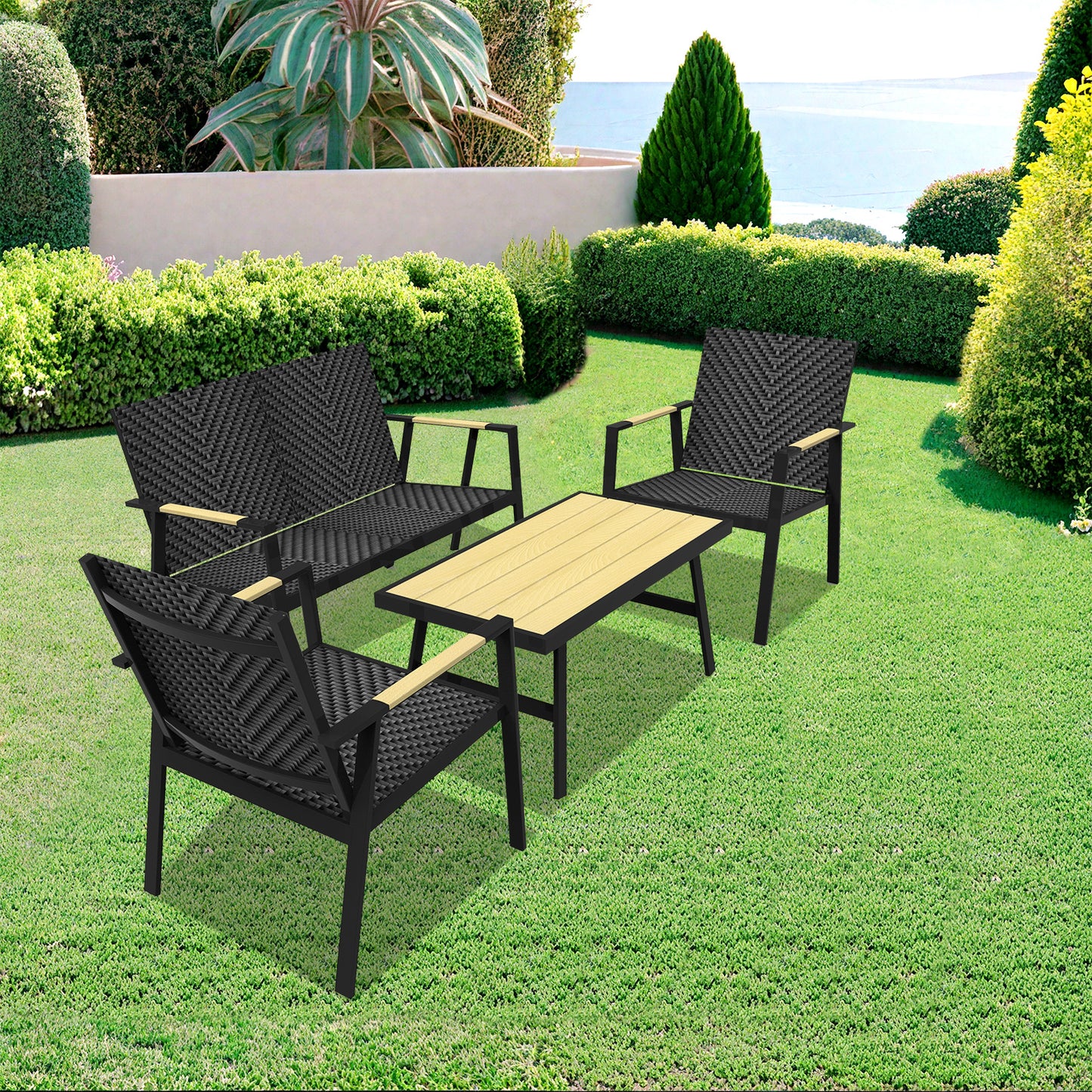 RANSENERS Premium 4tlg-Set Gartenmöbelset mit Vollemaluminium Rahmen und Polyrattan Sitzfläche für Garten Terrasse und Balkon (Schwarz)