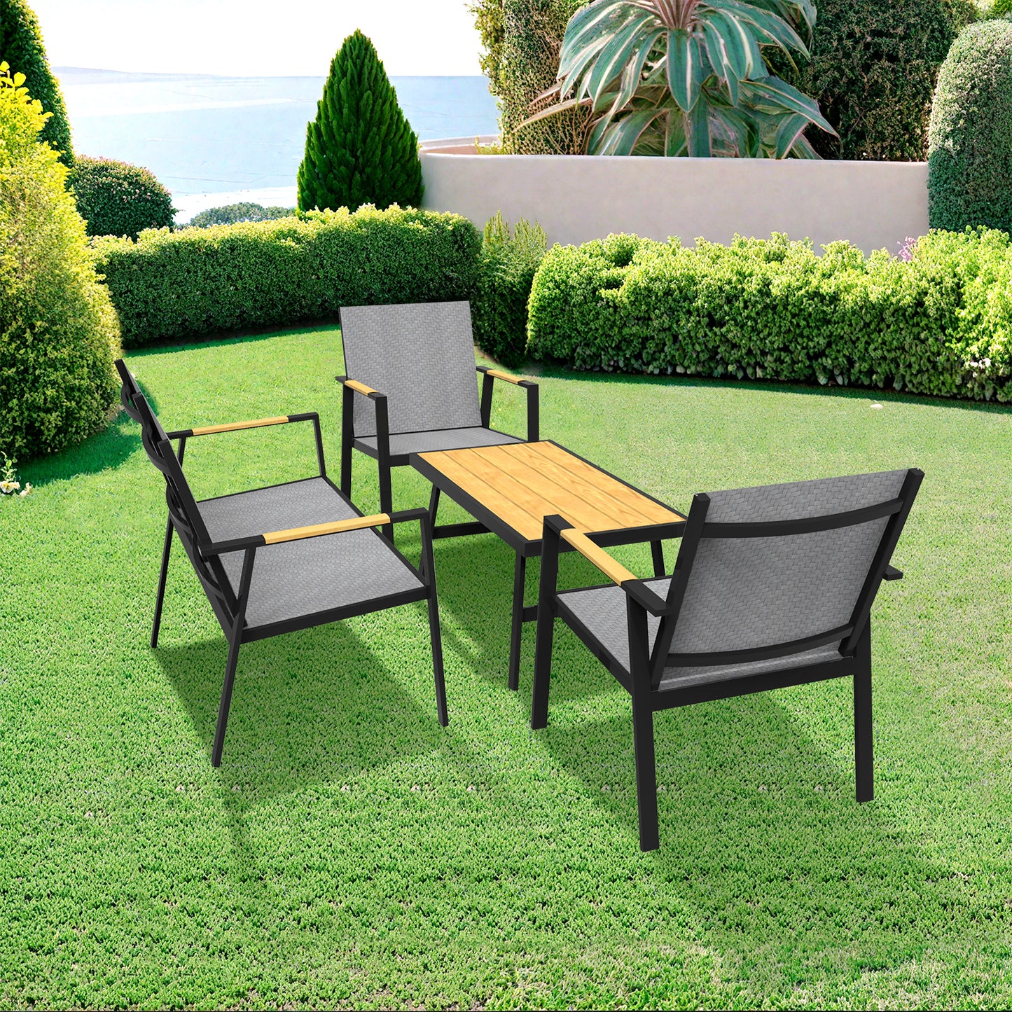 RANSENERS Premium 4tlg-Set Gartenmöbelset mit Vollemaluminium Rahmen und Polyrattan Sitzfläche für Garten Terrasse und Balkon (Grau)