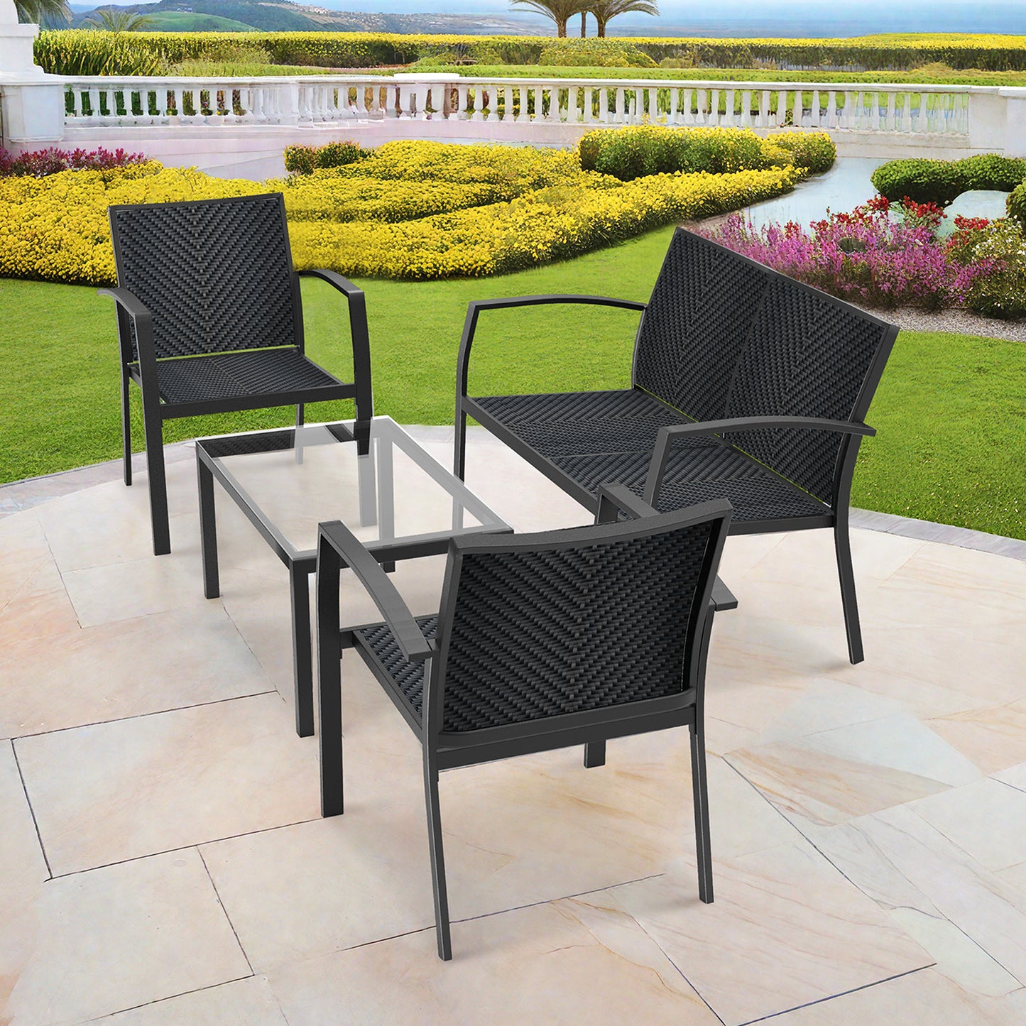 RANSENERS 4-Teilig Premium Gartenmöbelset mit Metallrahmen und Polyrattan Sitzfläche für Garten Terrasse und Balkon (Schwarz)