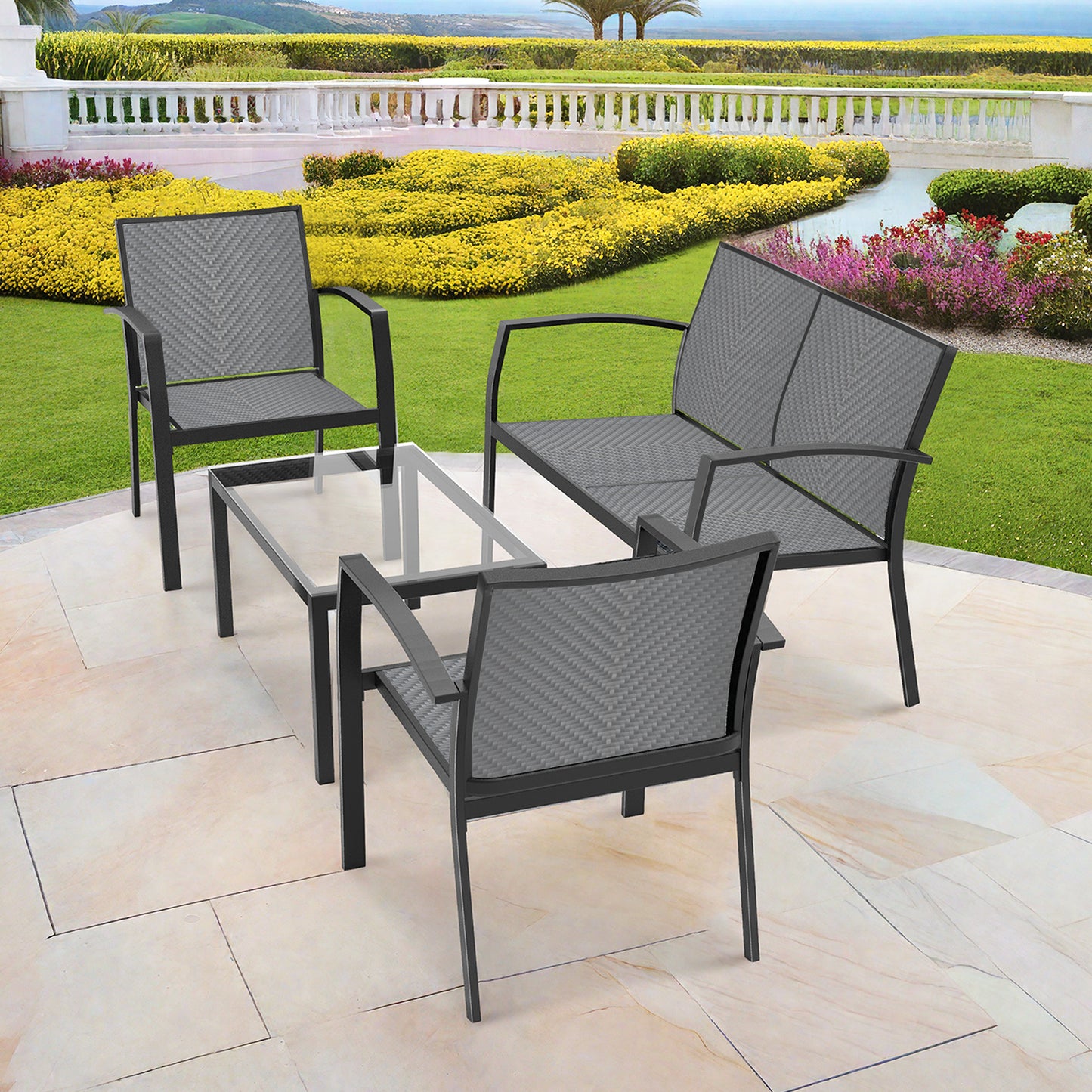 RANSENERS 4-Teilig Premium Gartenmöbelset mit Metallrahmen und Polyrattan Sitzfläche für Garten Terrasse und Balkon (Grau)