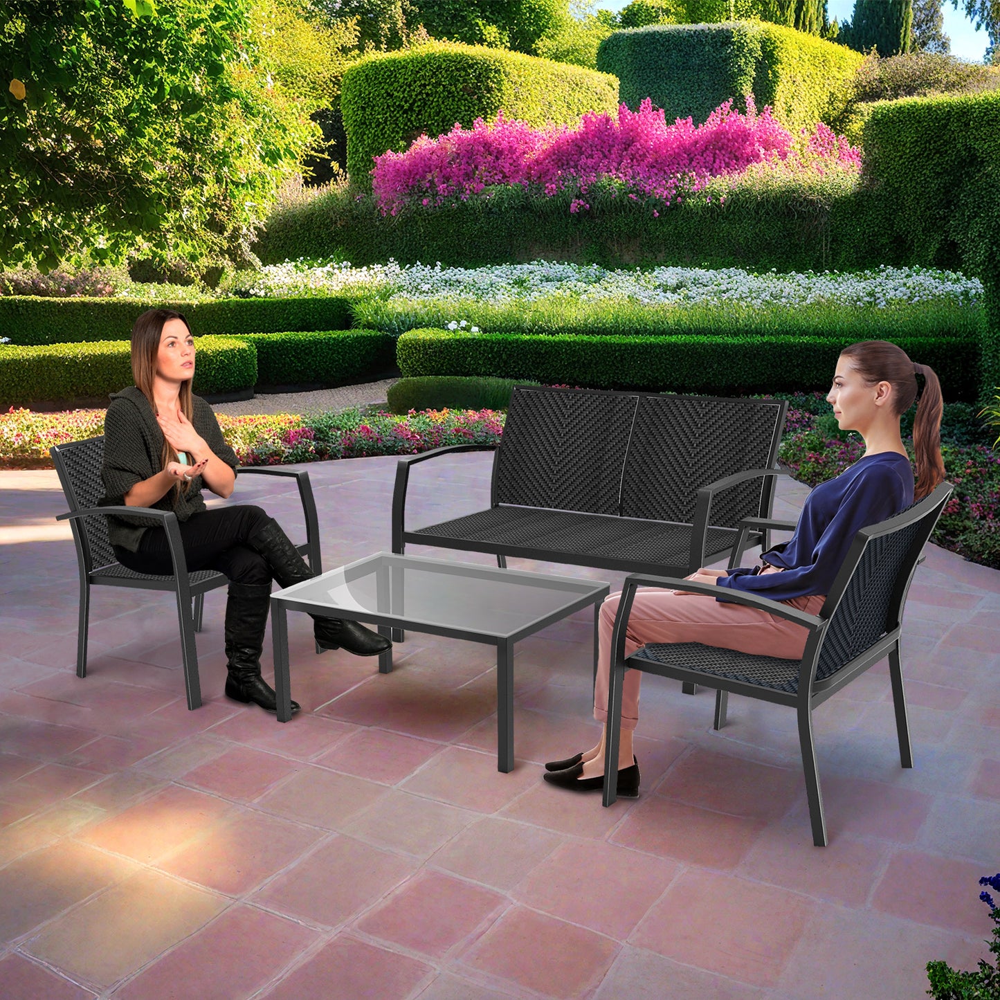 RANSENERS 4-Teilig Premium Gartenmöbelset mit Metallrahmen und Polyrattan Sitzfläche für Garten Terrasse und Balkon (Schwarz)