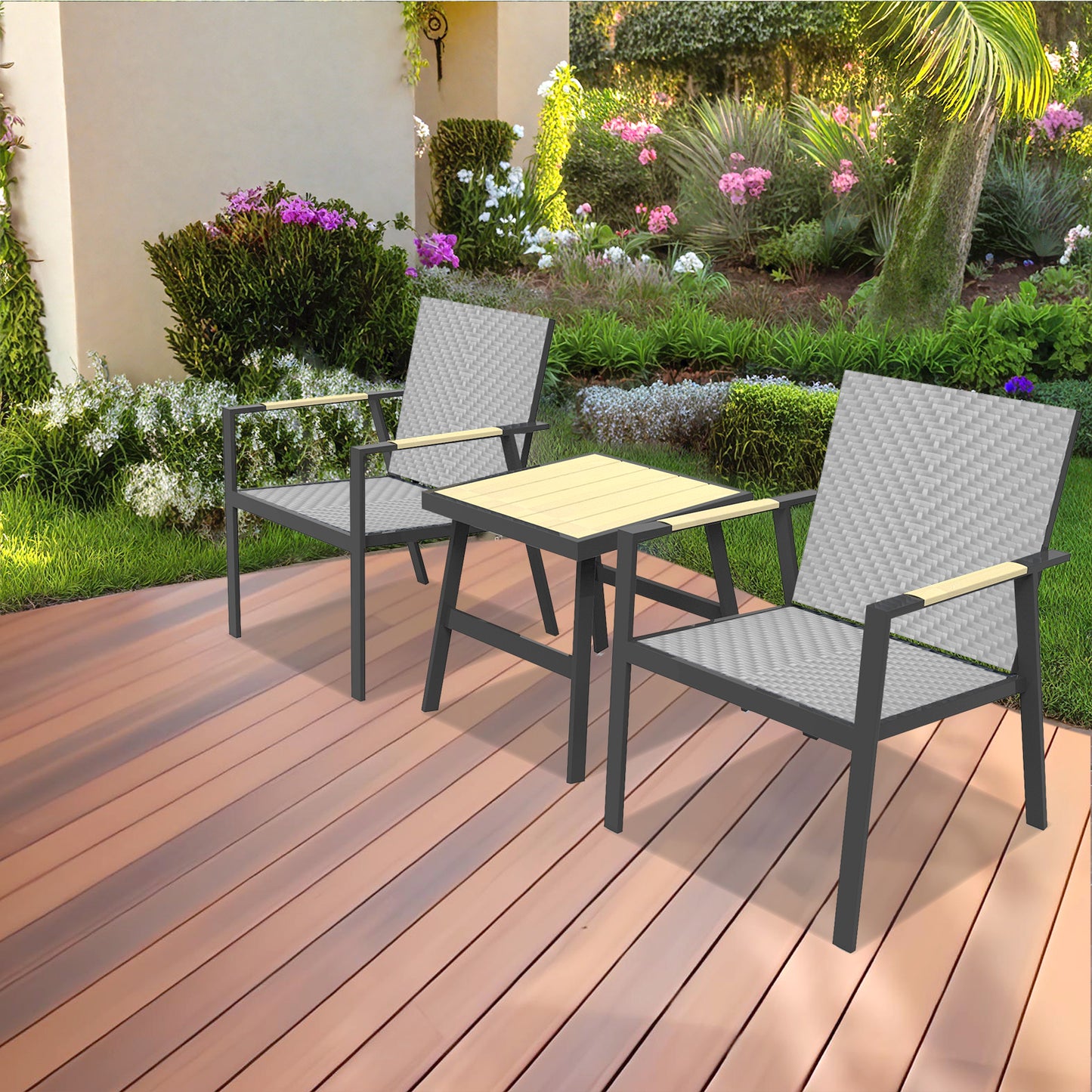 RANSENERS Premium Balkonset mit 2 Stühlen und Tisch, Bistroset mit Voll Aluminiumrahmen und Polyrattan Sitzfläche für innen und außen