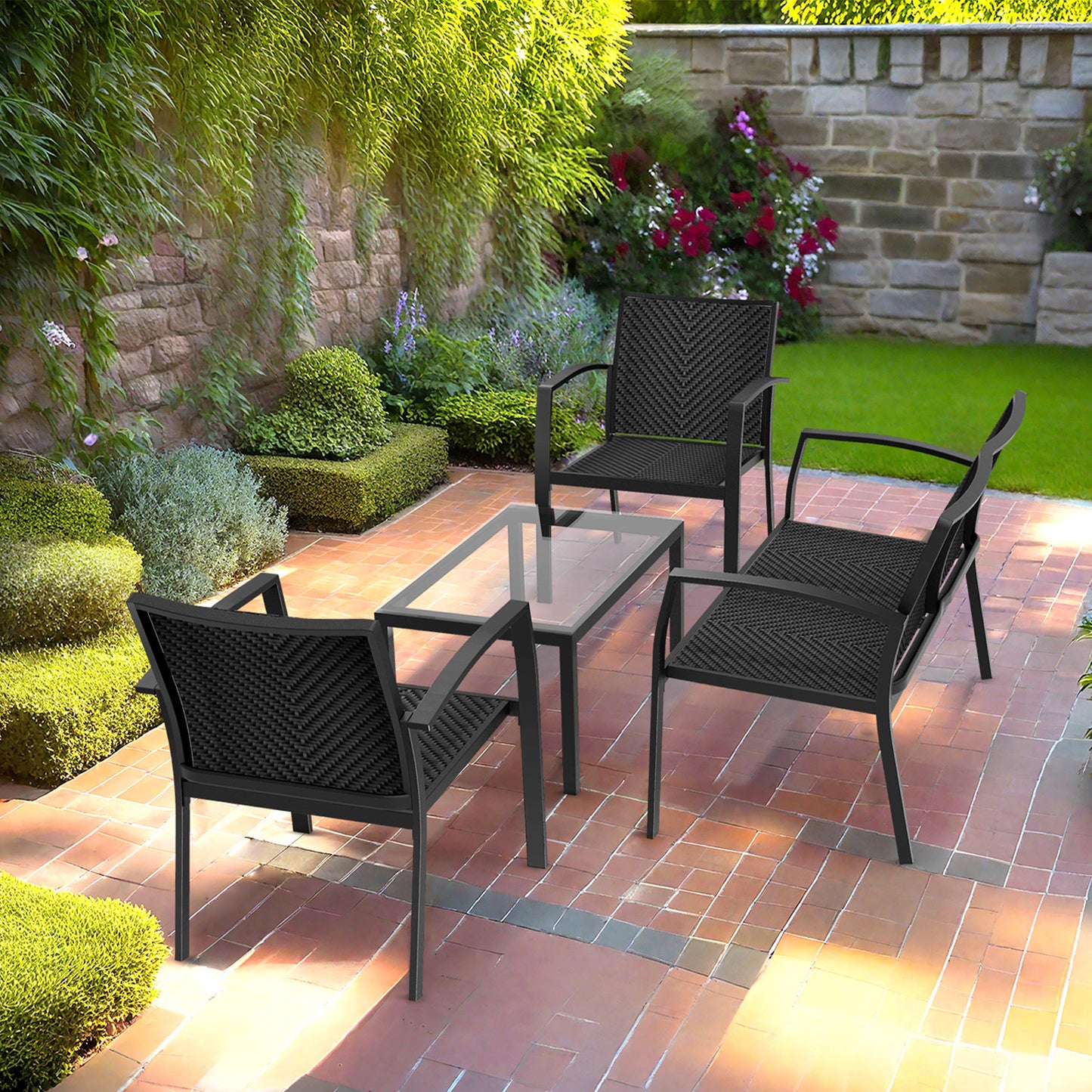 RANSENERS 4-Teilig Premium Gartenmöbelset mit Metallrahmen und Polyrattan Sitzfläche für Garten Terrasse und Balkon (Schwarz)