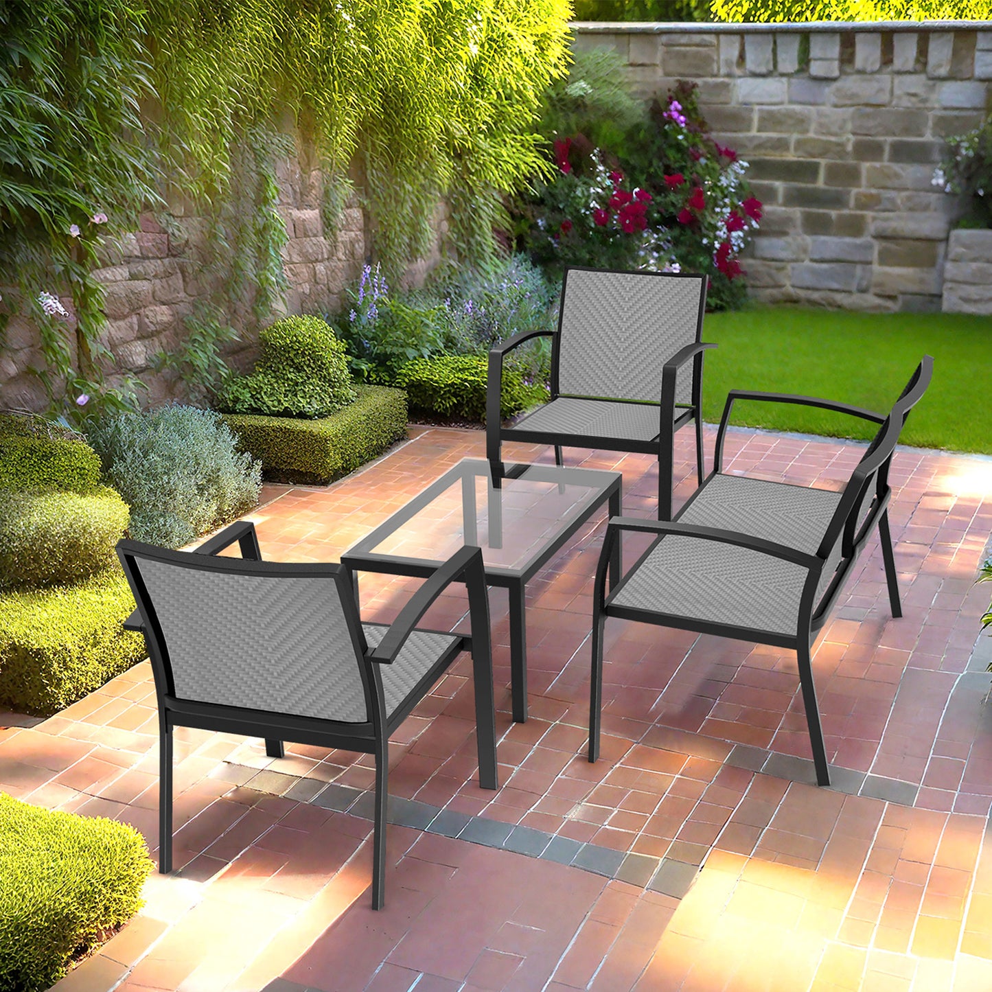 RANSENERS 4-Teilig Premium Gartenmöbelset mit Metallrahmen und Polyrattan Sitzfläche für Garten Terrasse und Balkon (Grau)