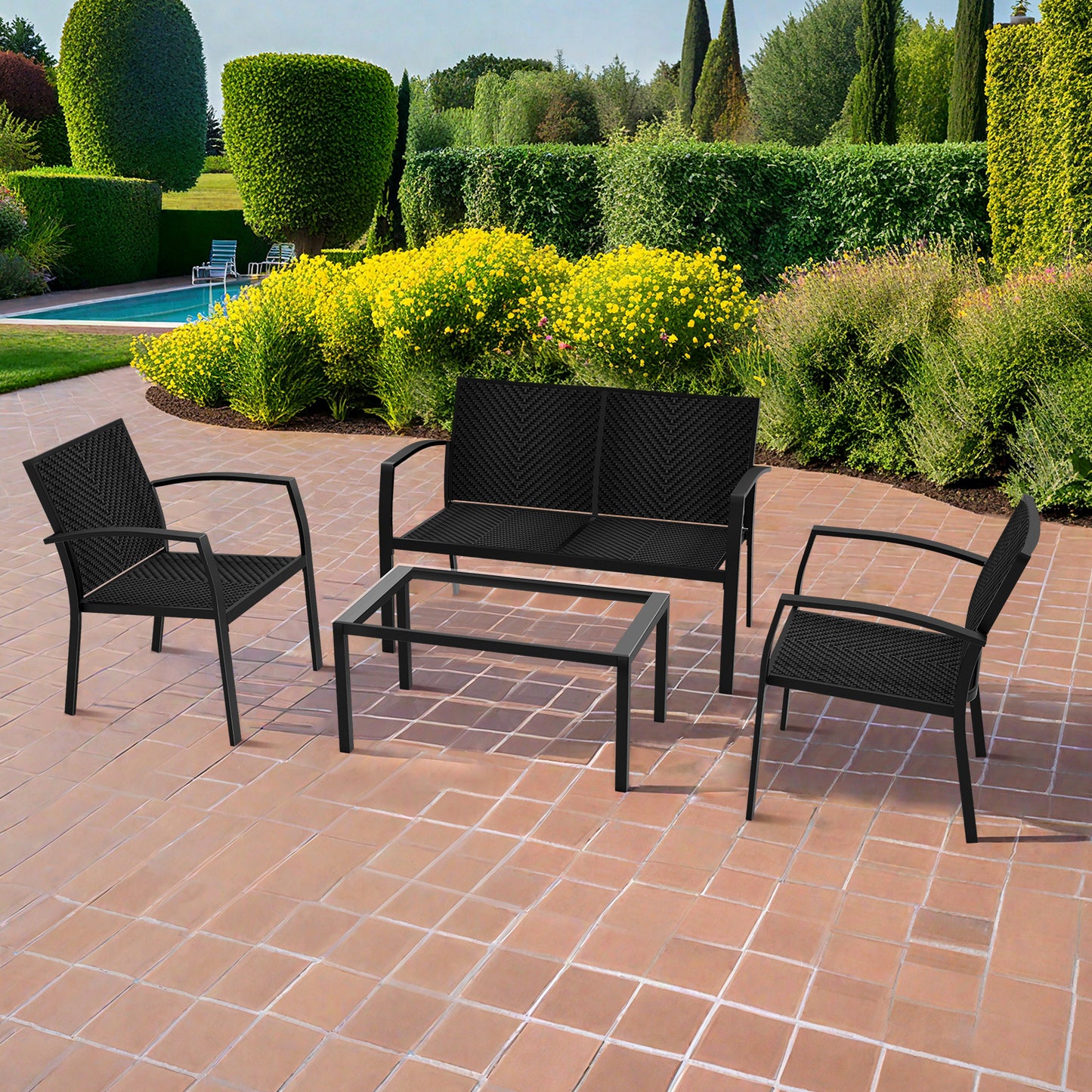 RANSENERS 4-Teilig Premium Gartenmöbelset mit Metallrahmen und Polyrattan Sitzfläche für Garten Terrasse und Balkon (Schwarz)