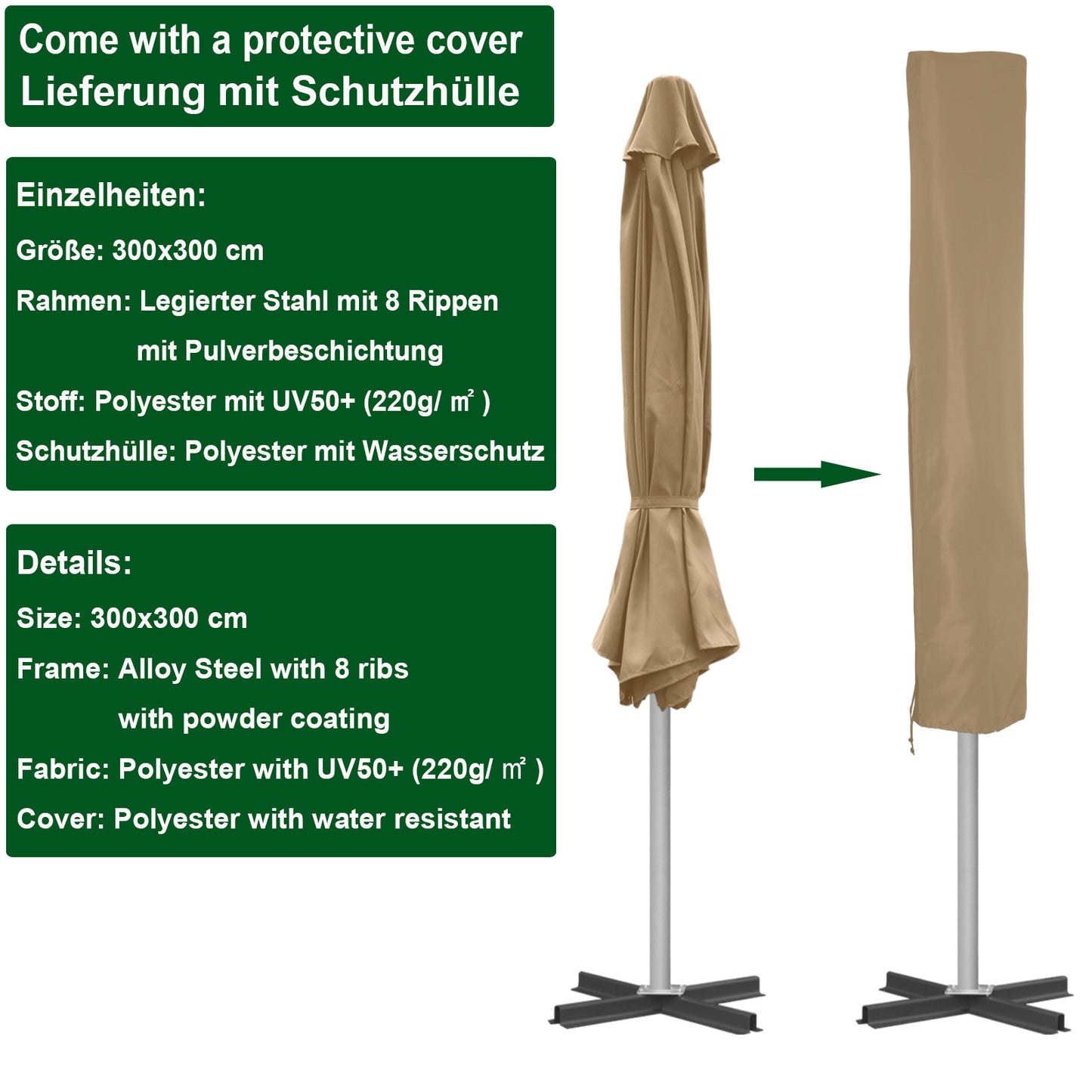 RANSENERS Premium Großer Sonnenschirm 300x300cm mit Kreuzständer - Gartenschirm mit Hochwertiger Rahmen und 8 Rippen - mit UV50+ Schutz (Beige)