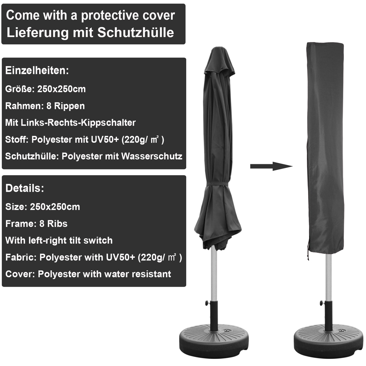 RANSENERS Premium Sonnenschirm 250x250cm mit Schirmständer - Kippbarer Gartenschirm mit Hochwertiger Rahmen und 8 Rippen - mit UV50+ Schutz