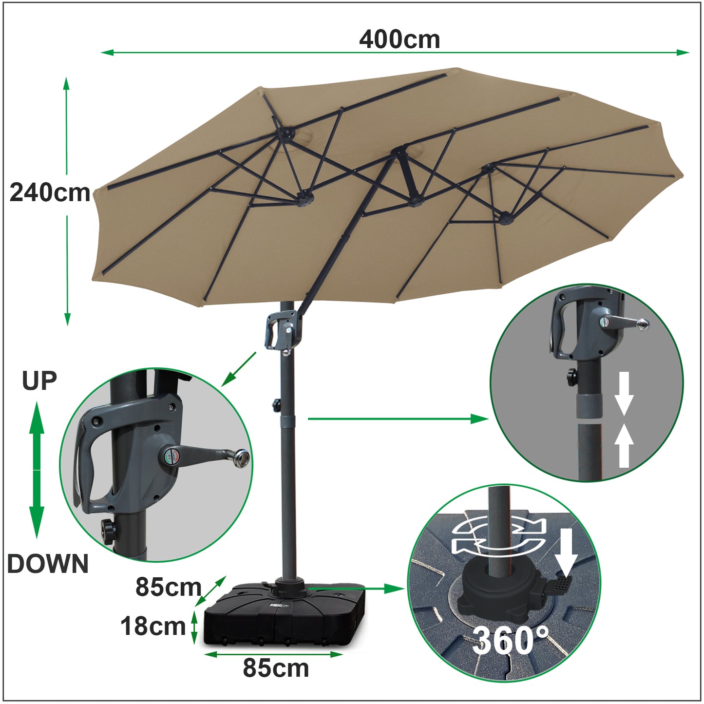 RANSENERS Ampelschirm Doppelsonnenschirm mit Schirmständer Oval 400x240cm - Sonnenschirm mit 360° Drehbar - UV50+ Stoff Schützen Sie sich vor Sonnenstrahlen im Garten