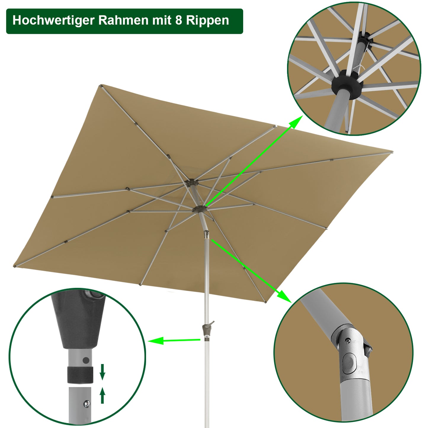 RANSENERS Premium Sonnenschirm 250x250cm mit Schirmständer - Kippbarer Gartenschirm mit Hochwertiger Rahmen und 8 Rippen - mit UV50+ Schutz