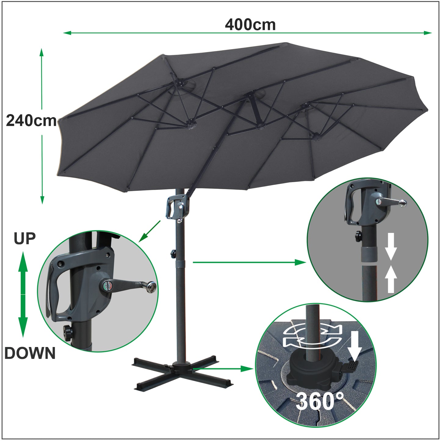 RANSENERS Ampelschirm Doppelsonnenschirm Oval 400x240cm - Sonnenschirm mit 360° Drehbar - UV50+ Stoff Schützen Sie sich vor Sonnenstrahlen im Garten