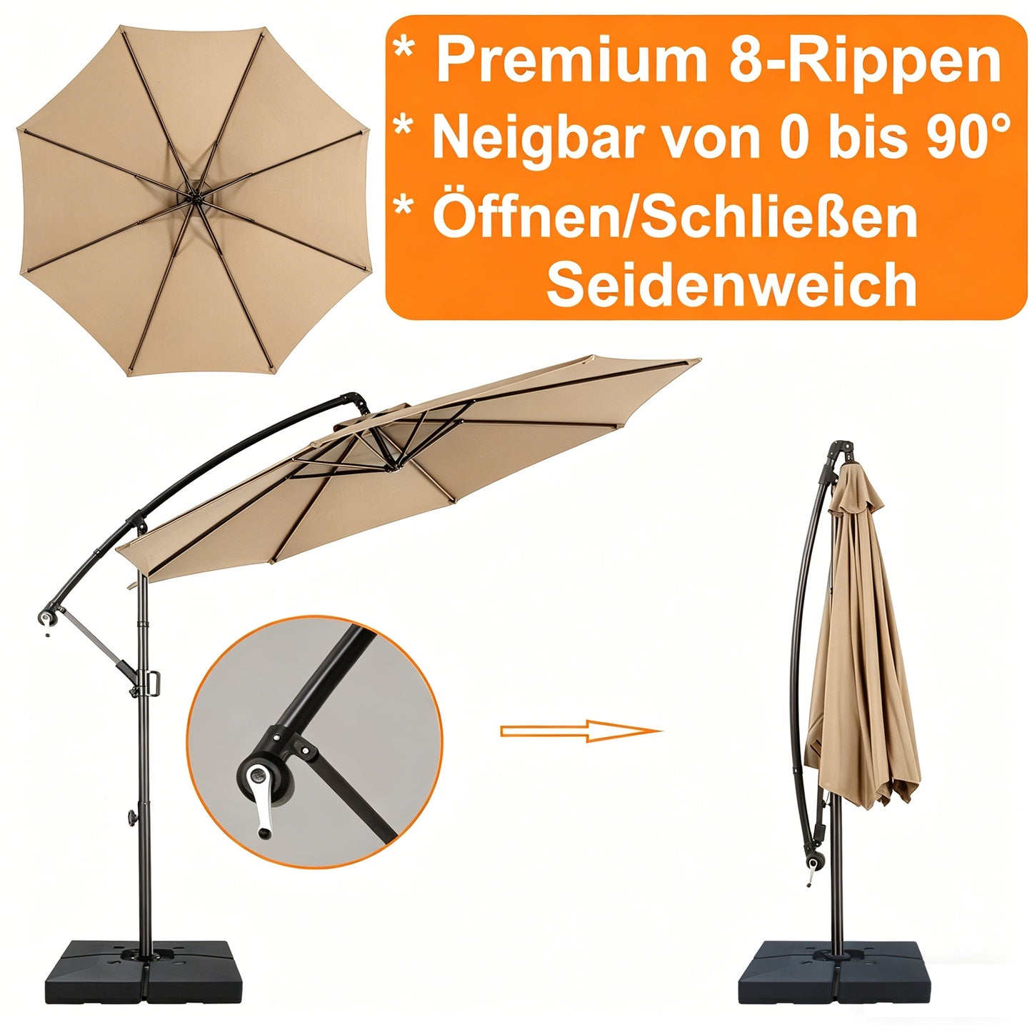 RANSENERS Ampelschirm 300cm mit Schirmständer, Sonnenschirm mit Stabiler Rahmen und 8-Rippen, UV 50+ für Garten, Terrasse, Kaffeehaus im Freien, Khaki