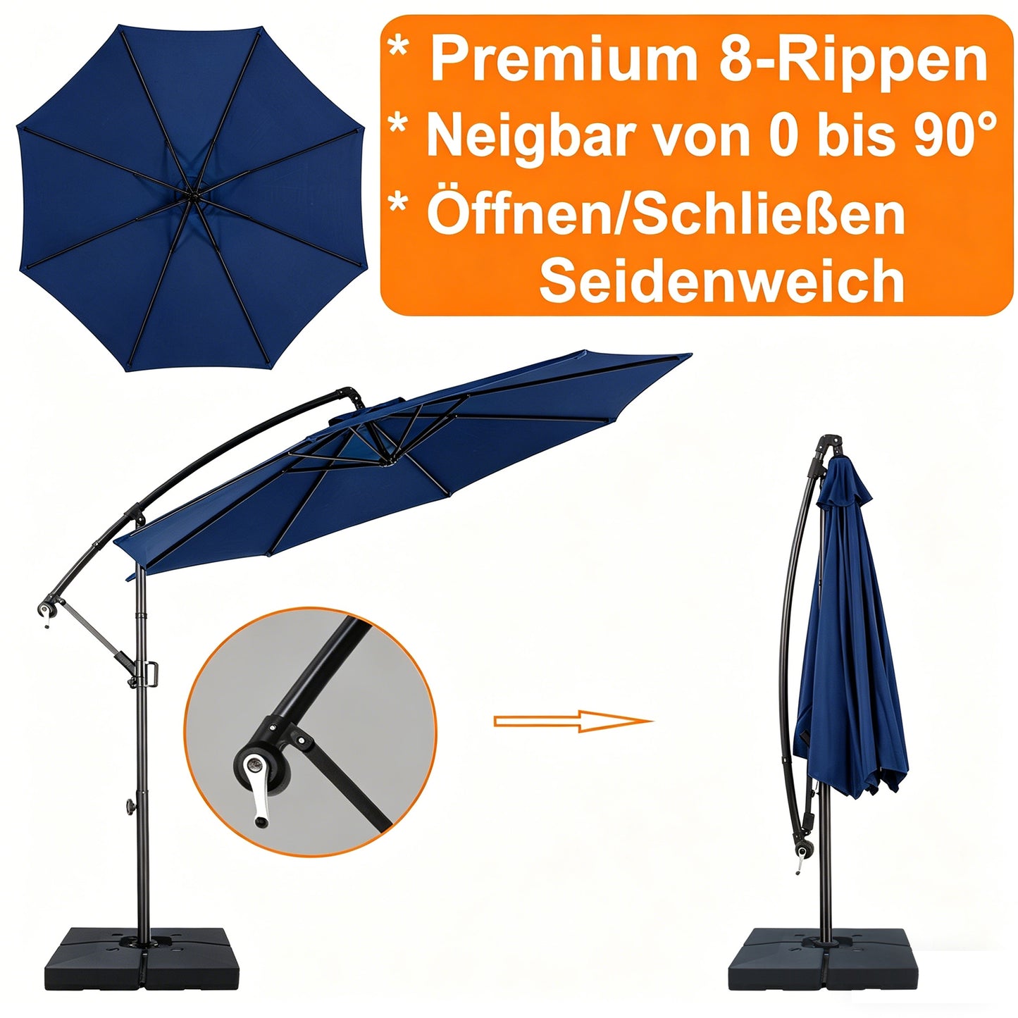 RANSENERS Ampelschirm 300cm mit Schirmständer, Sonnenschirm mit Stabiler Rahmen und 8-Rippen, UV 50+ für Garten, Terrasse, Kaffeehaus im Freien, Blau