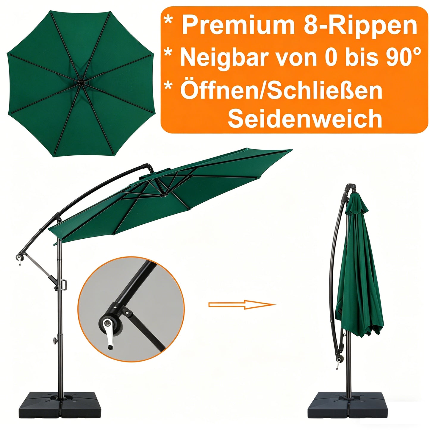 RANSENERS Ampelschirm 300cm mit Schirmständer, Sonnenschirm mit Stabiler Rahmen und 8-Rippen, UV 50+ für Garten, Terrasse, Kaffeehaus im Freien, Grün
