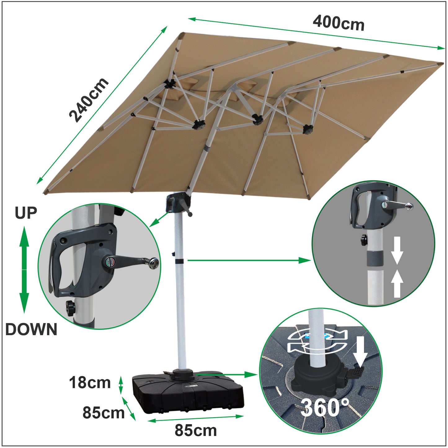 RANSENERS Doppel Ampelschirm mit Schirmständer Rechtecke 400x240cm - Sonnenschirm mit 360° Drehbar - UV50+ Stoff