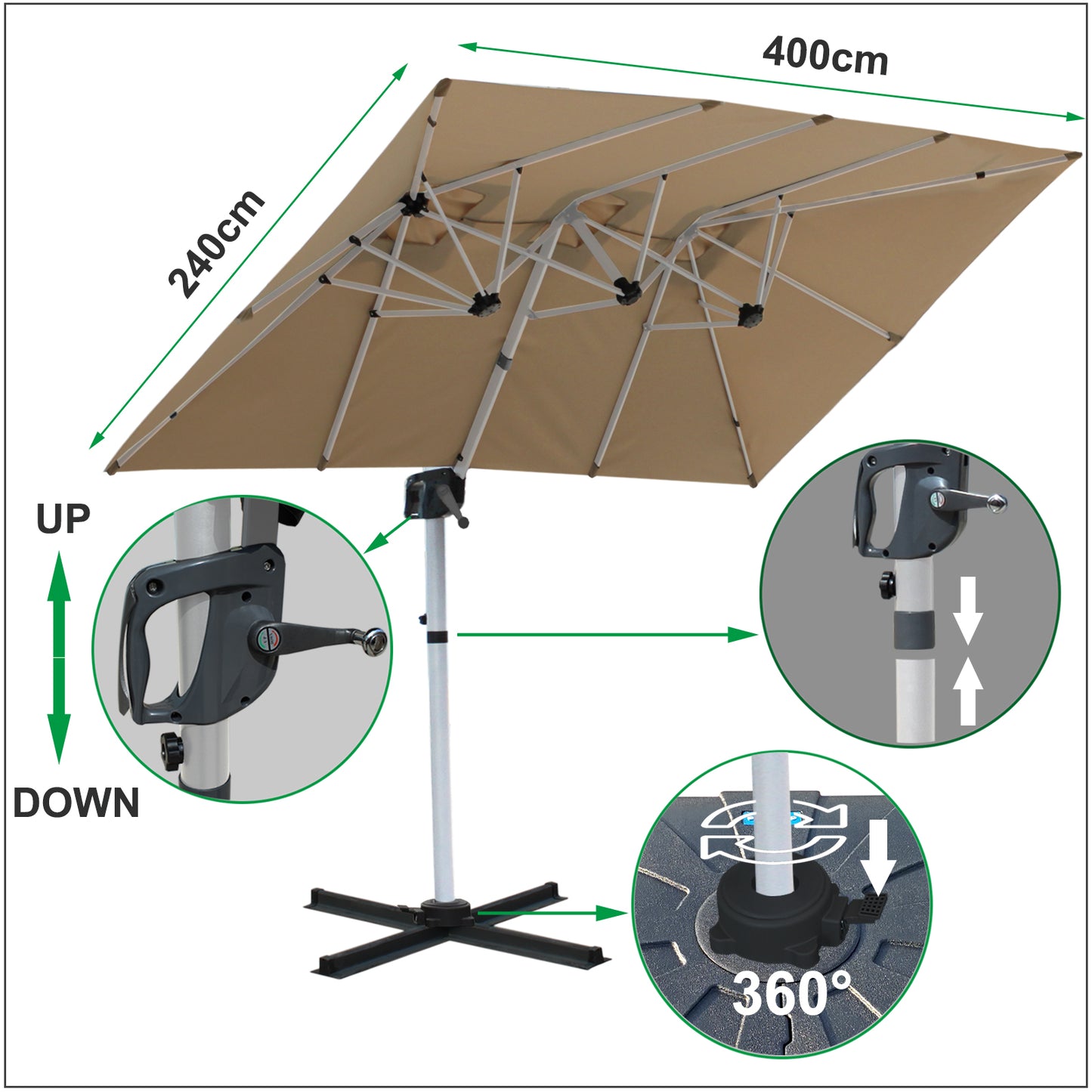RANSENERS Doppel Ampelschirm mit Kreuzfuß Rechteckig 400x240cm - Sonnenschirm mit 360° Drehbar - UV50+ Stoff