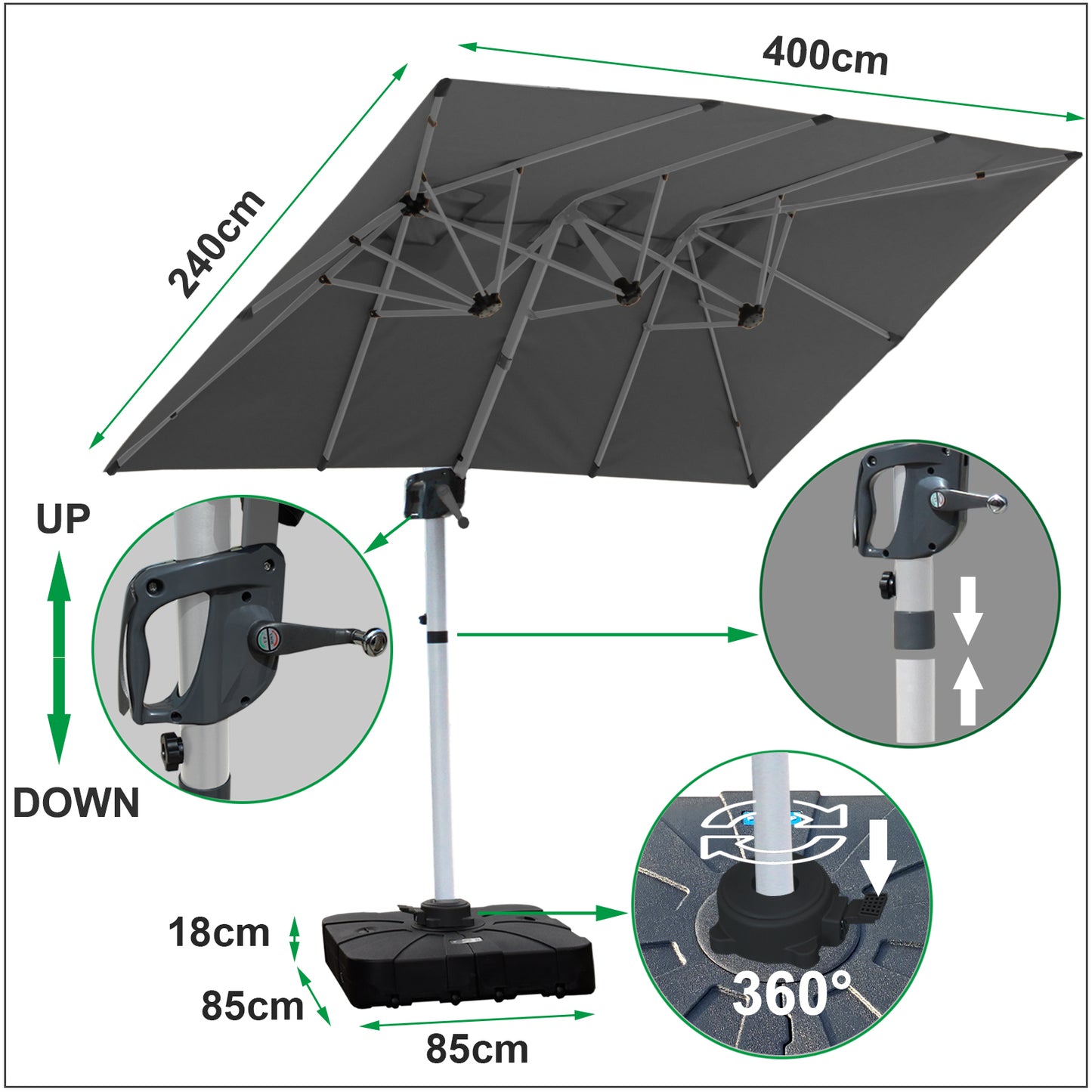 RANSENERS Doppel Ampelschirm mit Schirmständer Rechtecke 400x240cm - Sonnenschirm mit 360° Drehbar - UV50+ Stoff