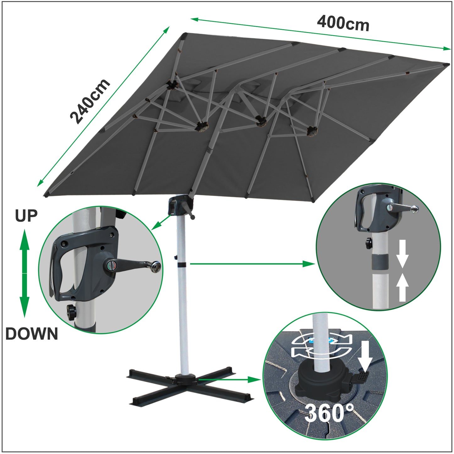 RANSENERS Doppel Ampelschirm mit Kreuzfuß Rechteckig 400x240cm - Sonnenschirm mit 360° Drehbar - UV50+ Stoff
