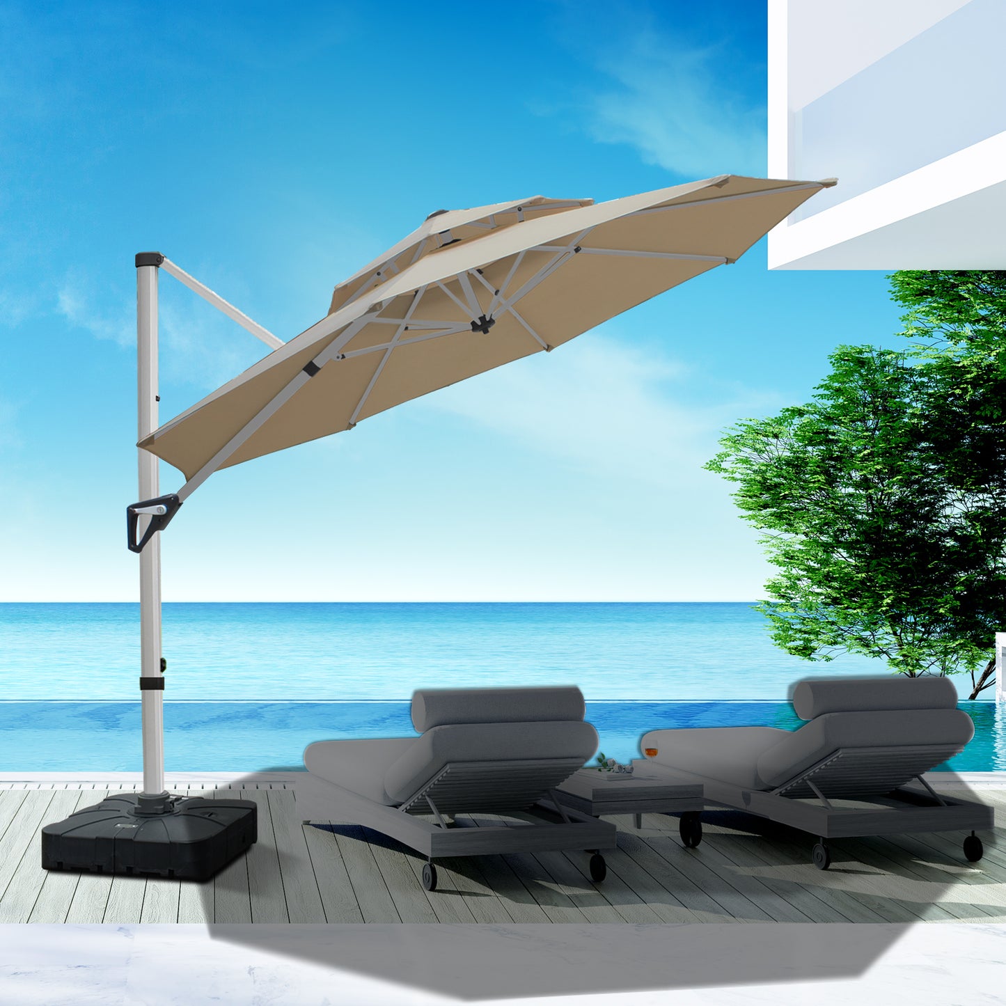 RANSENERS Ampelschirm 300 cm, mit Schirmständer, Doppelter Baldachin, Drehbar 360°, Neigbar 0°-90°, Aluminium Rahmen, Extra-Dicker Gewebe, UV50+, für Garten, Terrasse, Cafe im Freien