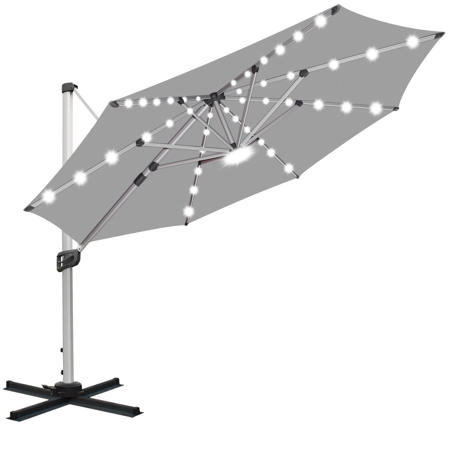 RANSENERS Premium Ampelschirm mit Solar-LED - Ø350cm Sonnenschirm mit Kreuzfuß - 360° Drehbar - UV50+ Stoff Schützen Sie sich vor Sonnenstrahlen im Garten - Grau