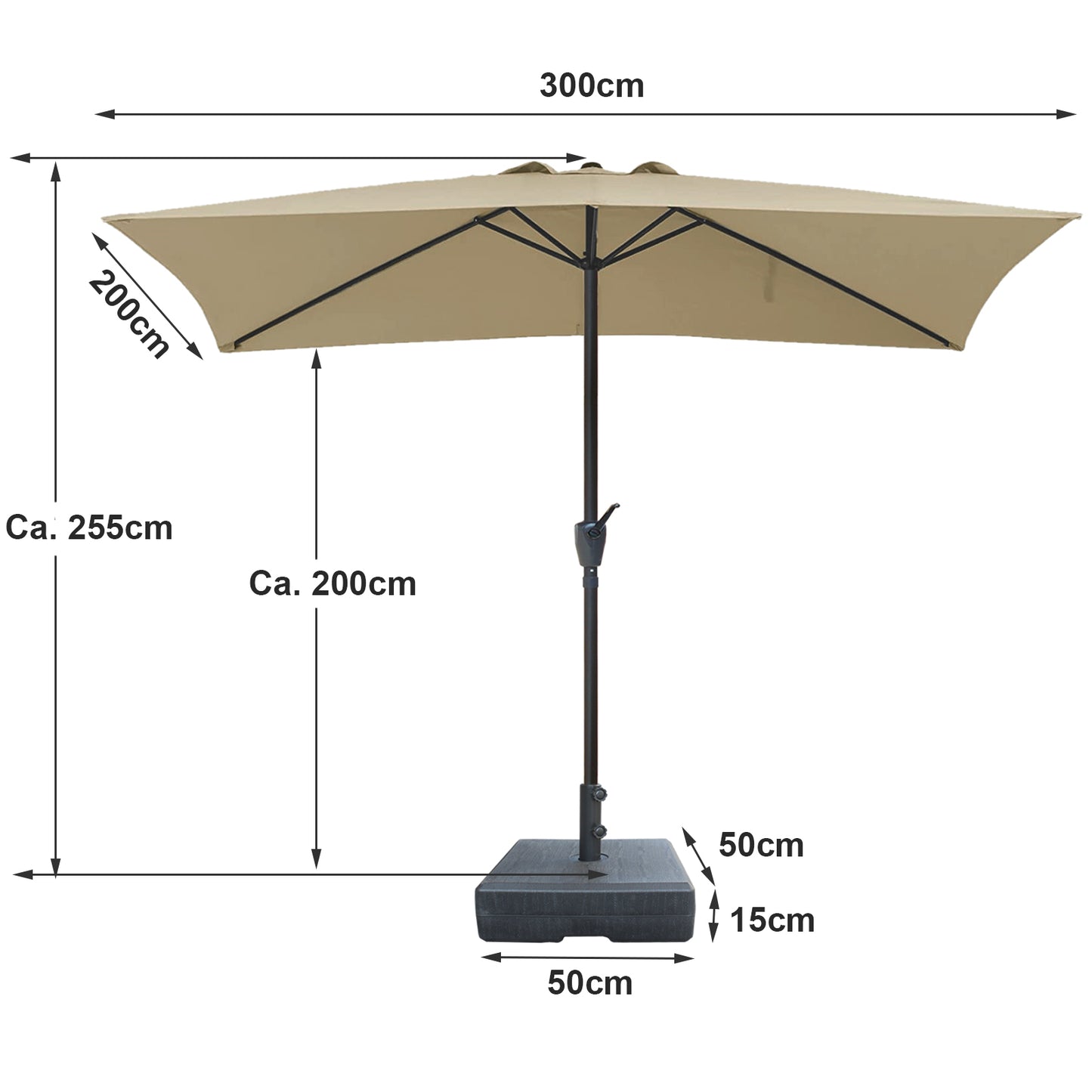 RANSENERS Kippbarer Sonnenschirm mit Schirmständer, Rechteckig 200 x 300 cm Gartenschirm, UV-Schutz UPF50+ (Beige)