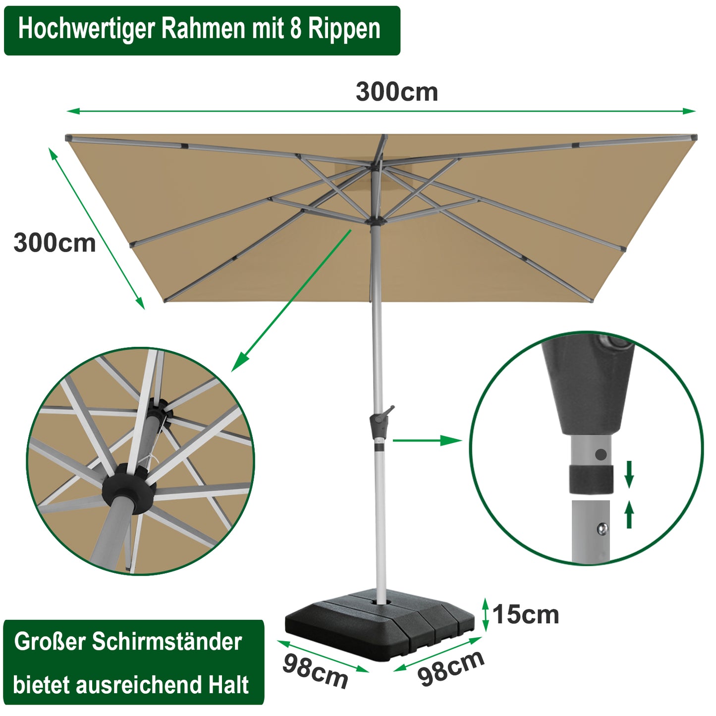 RANSENERS Premium Großer Sonnenschirm 300x300cm mit Schirmständer - Gartenschirm mit Hochwertiger Rahmen und 8 Rippen - mit UV50+ Schutz (Beige)