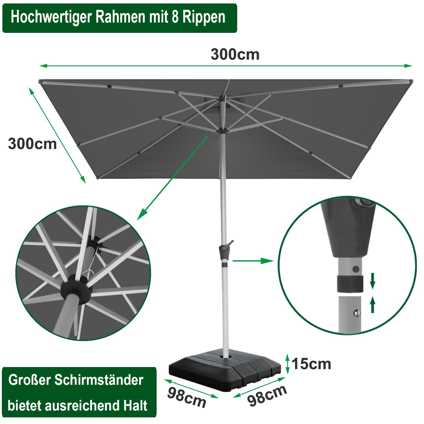 RANSENERS Premium Großer Sonnenschirm 300x300cm mit Schirmständer - Gartenschirm mit Hochwertiger Rahmen und 8 Rippen - mit UV50+ Schutz (Grau)