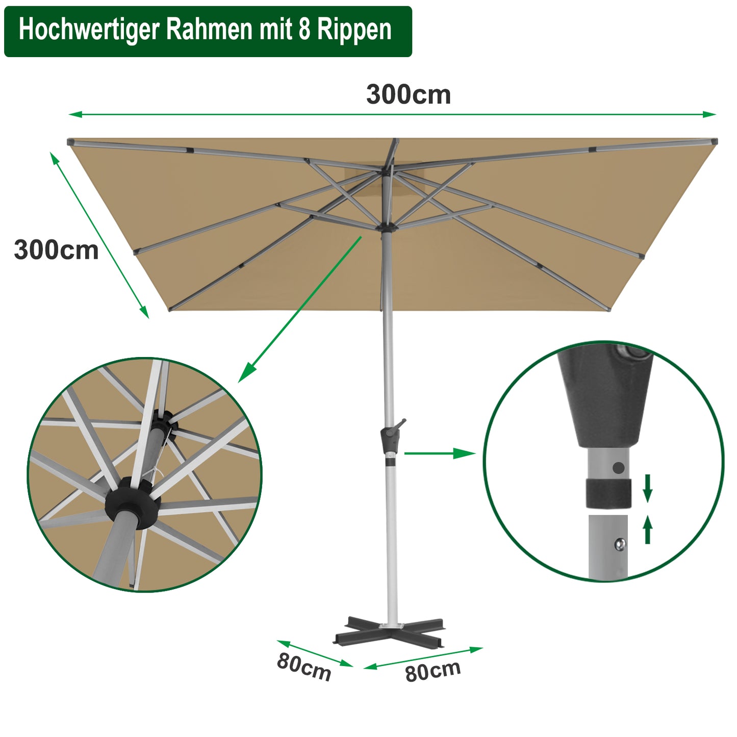 RANSENERS Premium Großer Sonnenschirm 300x300cm mit Kreuzständer - Gartenschirm mit Hochwertiger Rahmen und 8 Rippen - mit UV50+ Schutz (Beige)