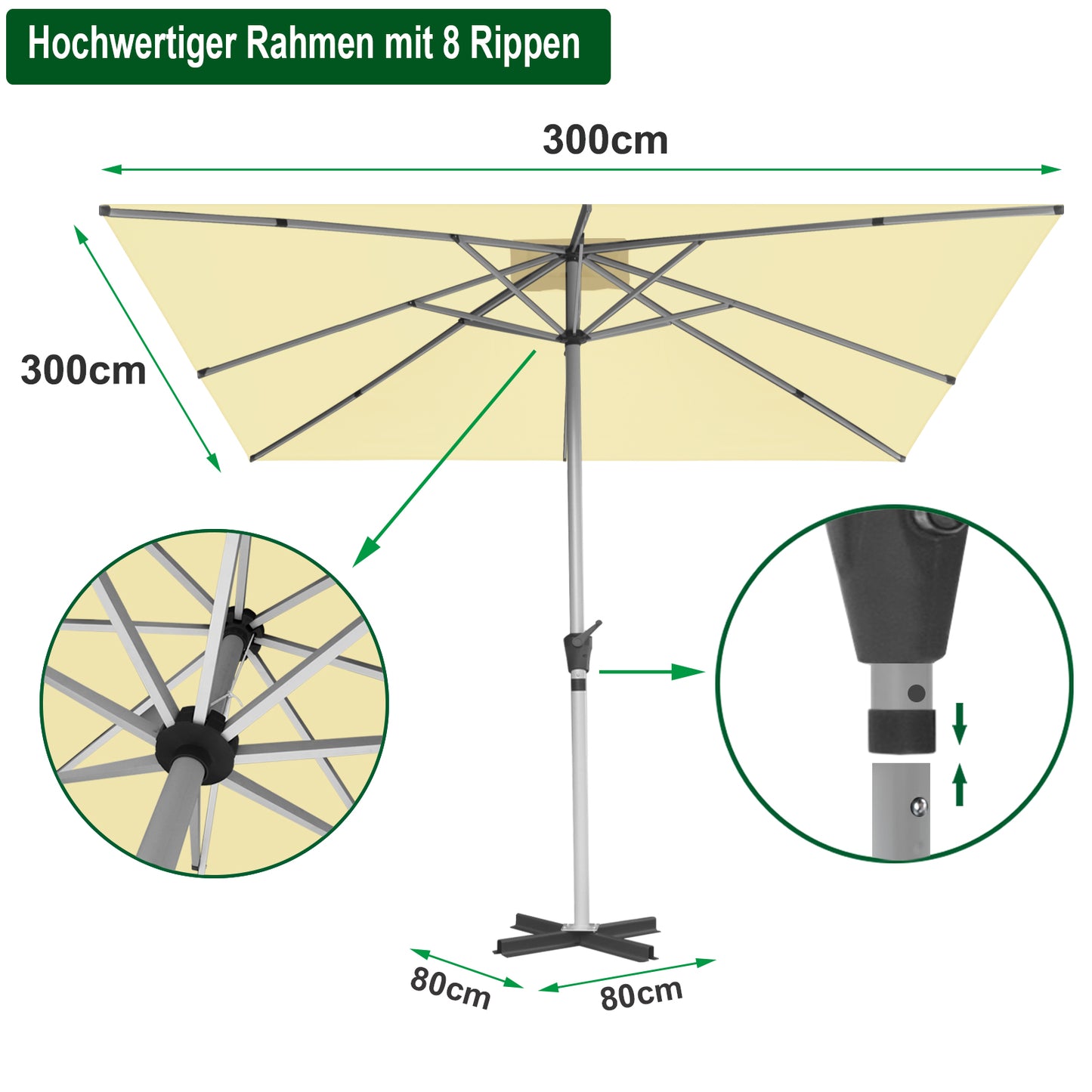 RANSENERS Premium Sonnenschirm mit Kreuzfuß, Quadratisch 300 x 300 cm Gartenschirm, UV-Schutz UPF50+ (Creme)