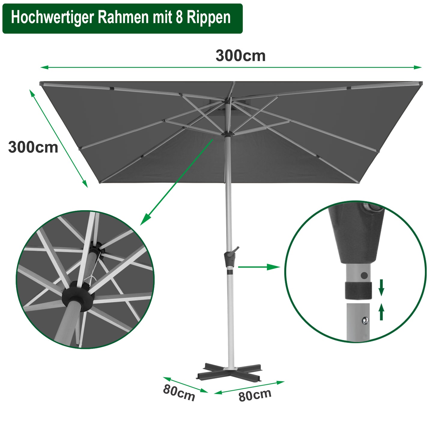 RANSENERS Premium Großer Sonnenschirm 300x300cm mit Kreuzständer - Gartenschirm mit Hochwertiger Rahmen und 8 Rippen - mit UV50+ Schutz (Grau)