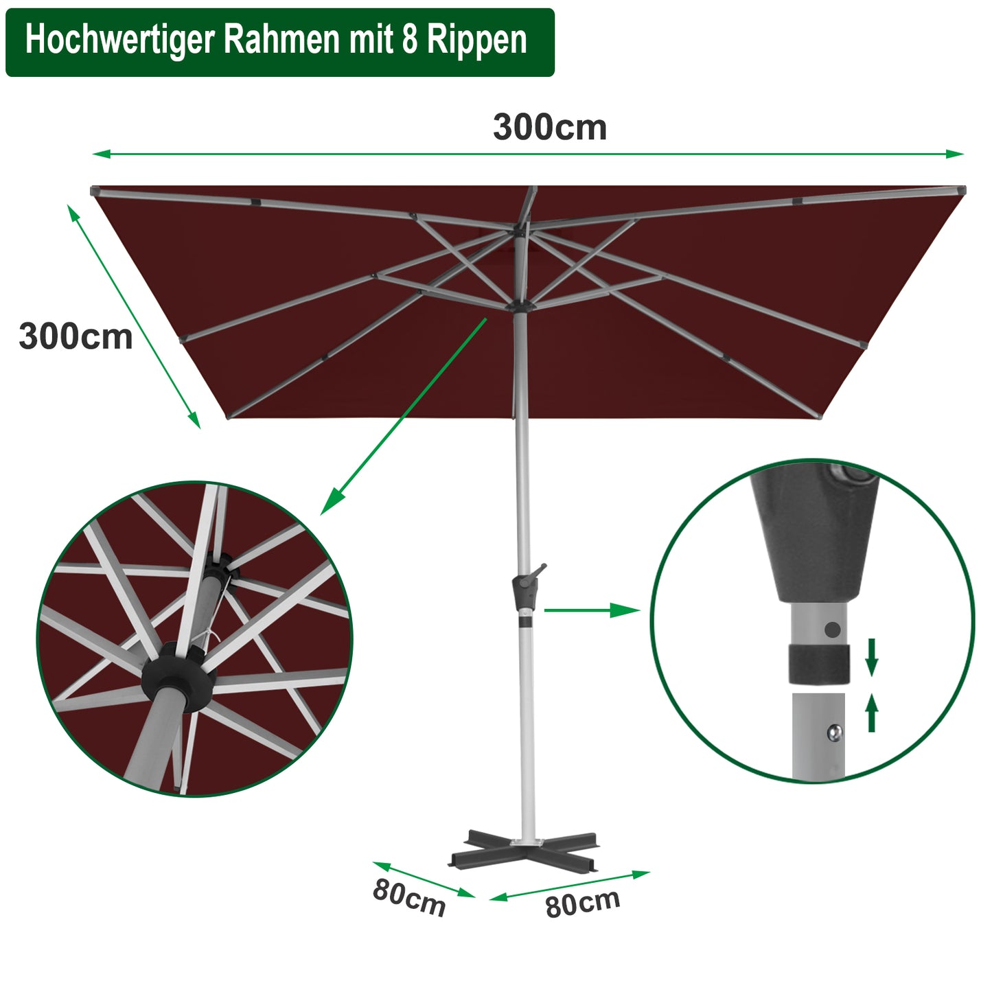 RANSENERS Premium Sonnenschirm mit Kreuzfuß, Quadratisch 300 x 300 cm Gartenschirm, UV-Schutz UPF50+ (Rotwein)