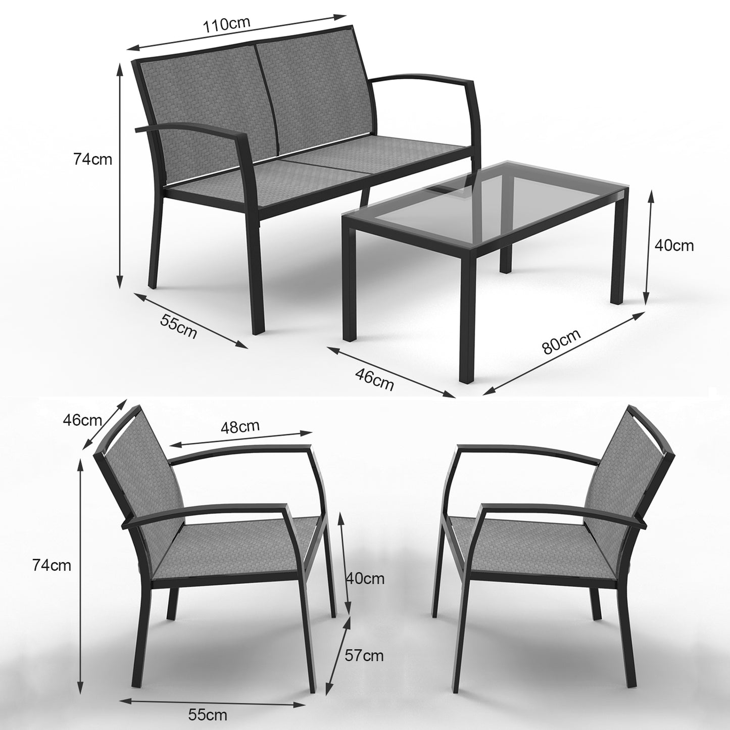 RANSENERS 4-Teilig Premium Gartenmöbelset mit Metallrahmen und Polyrattan Sitzfläche für Garten Terrasse und Balkon (Grau)