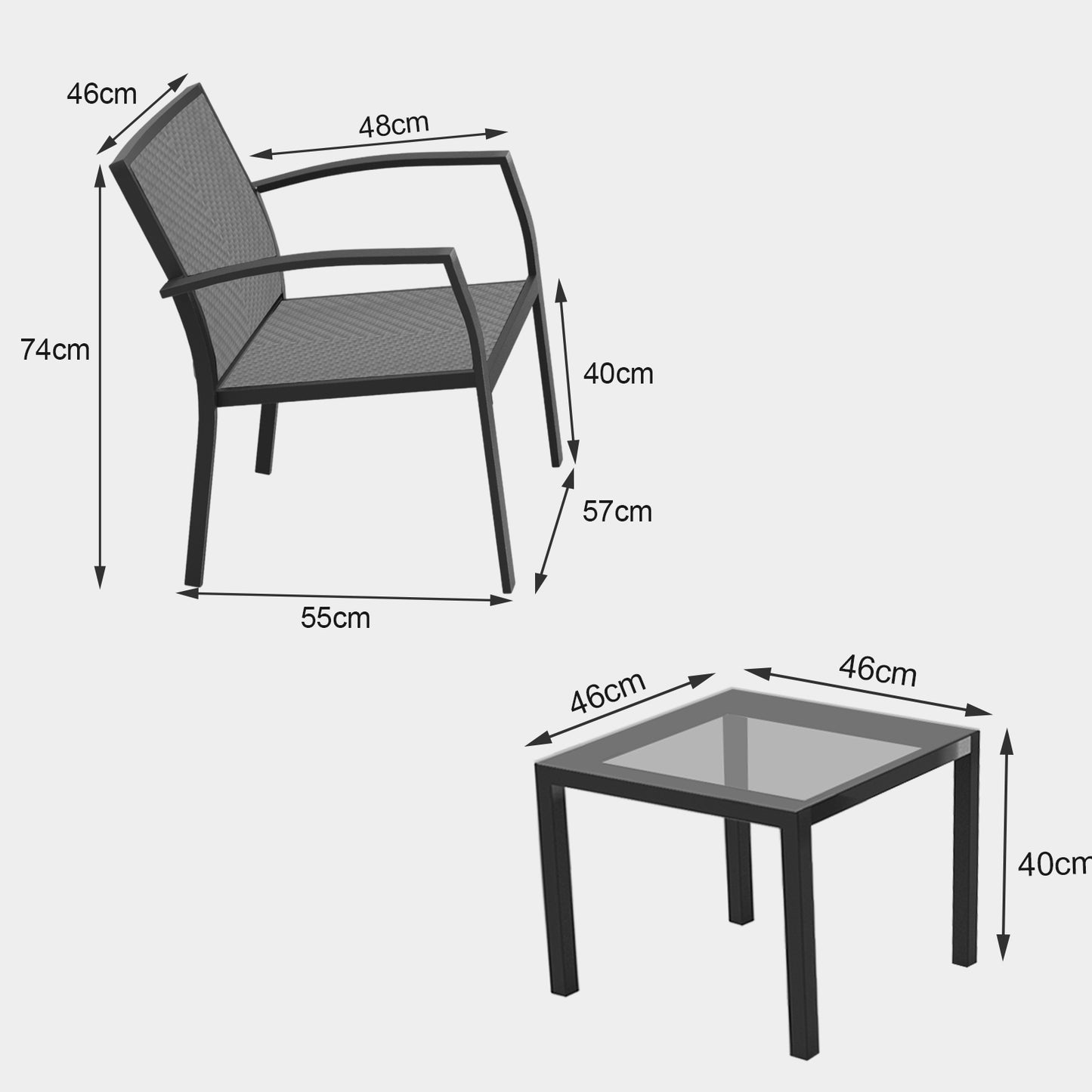RANSENERS Balkonset mit 2 Stühlen und Tisch, Bistroset mit Legierter Stahl Rahmen und Polyrattan Sitzfläche für innen und außen