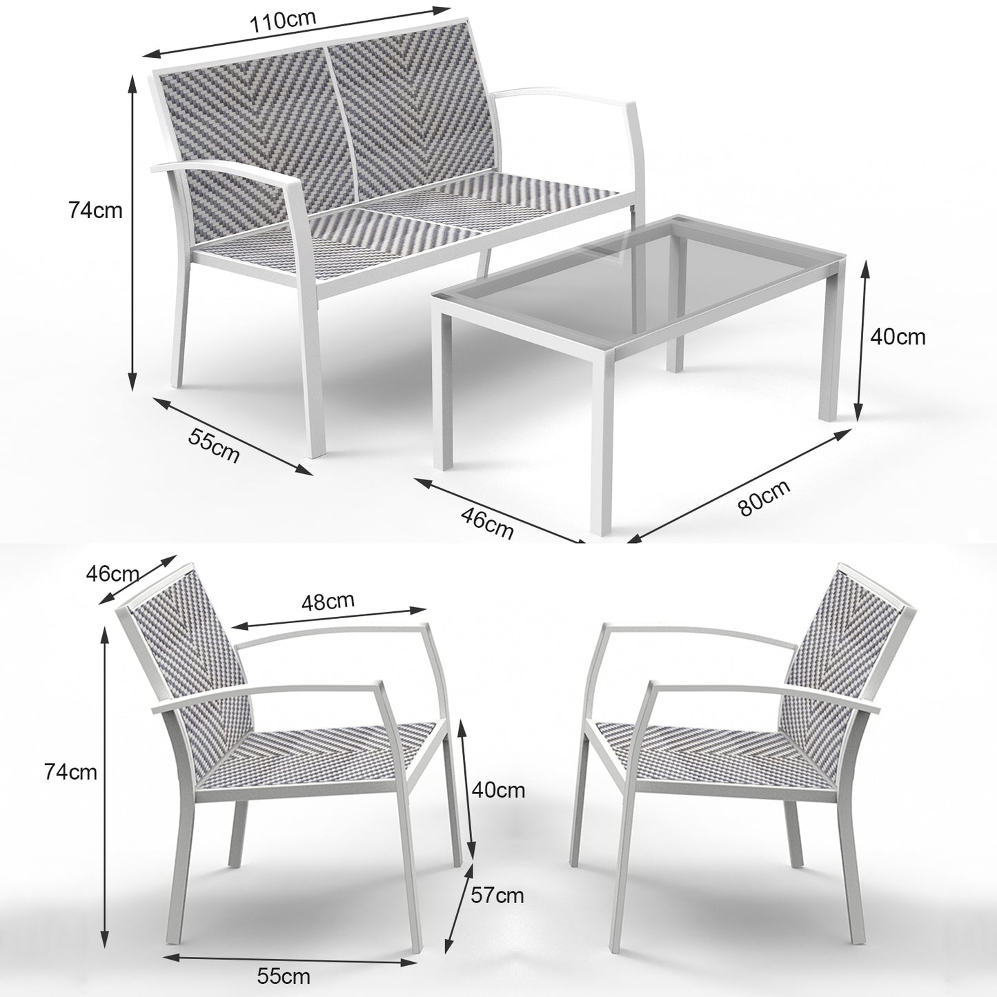 RANSENERS 4-Teilig Premium Gartenmöbelset mit Metallrahmen und Polyrattan Sitzfläche für Garten Terrasse und Balkon (Weiß)