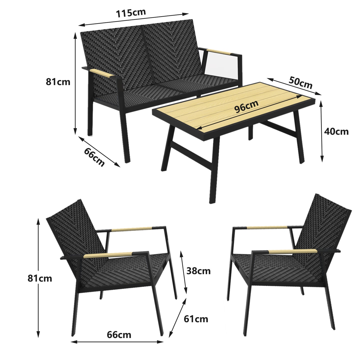 RANSENERS Premium 4tlg-Set Gartenmöbelset mit Vollemaluminium Rahmen und Polyrattan Sitzfläche für Garten Terrasse und Balkon (Schwarz)