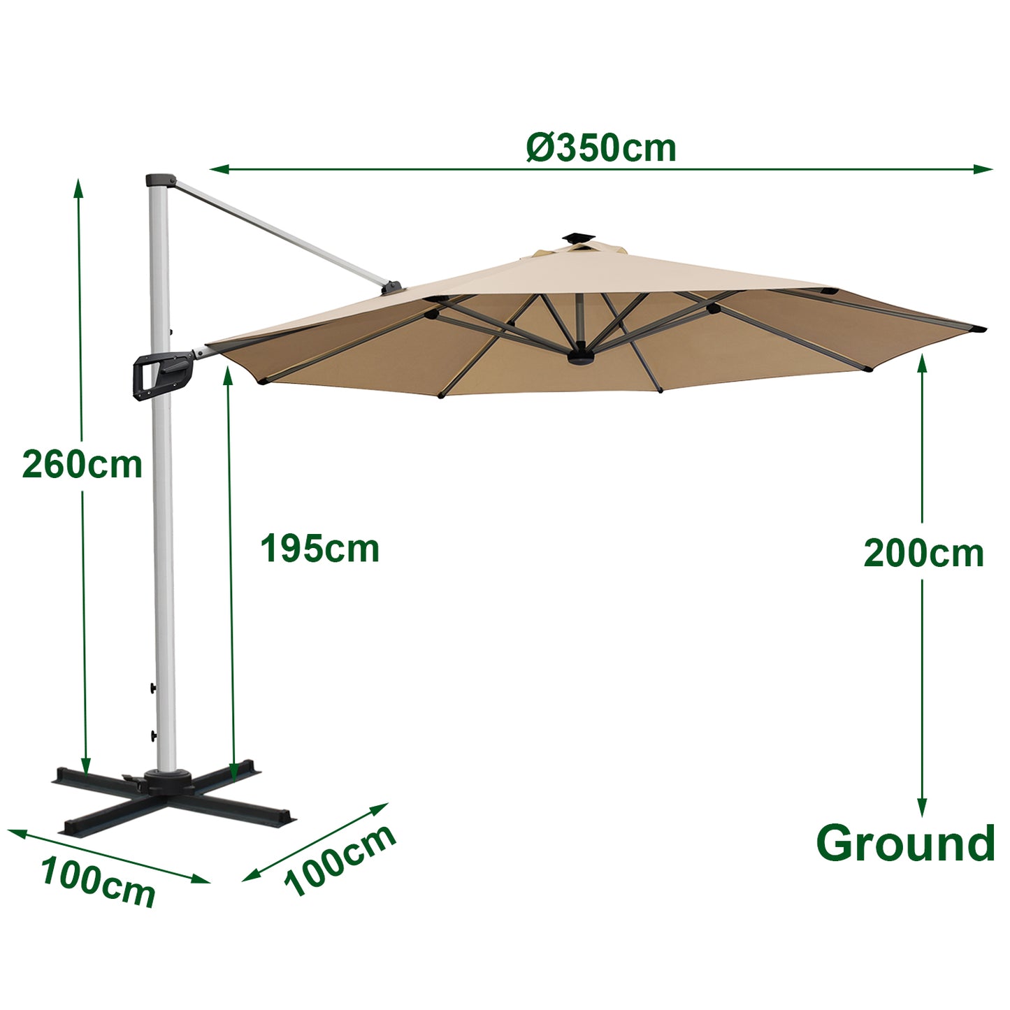 RANSENERS Premium Ampelschirm mit Solar-LED - Ø350cm Sonnenschirm mit Kreuzfuß - 360° Drehbar - UV50+ Stoff Schützen Sie sich vor Sonnenstrahlen im Garten - Beige