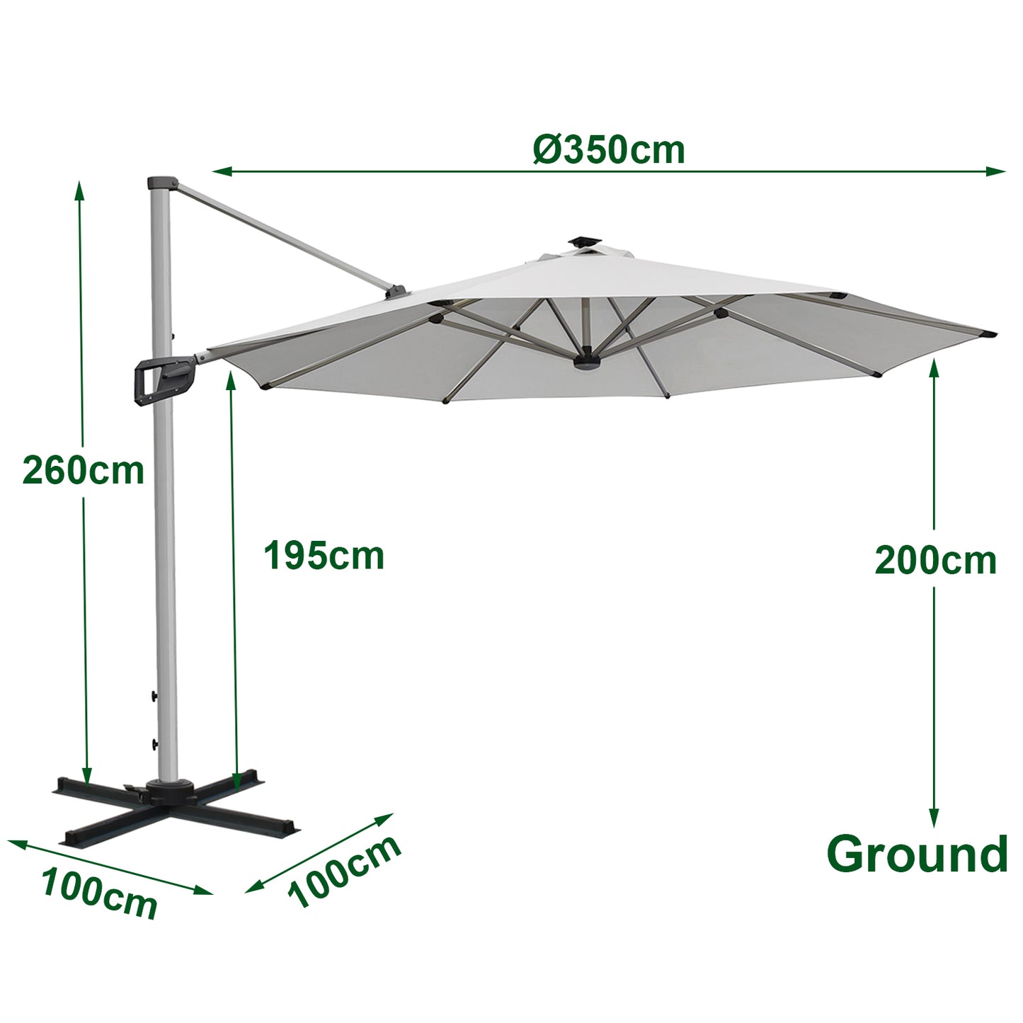 RANSENERS Premium Ampelschirm mit Solar-LED - Ø350cm Sonnenschirm mit Kreuzfuß - 360° Drehbar - UV50+ Stoff Schützen Sie sich vor Sonnenstrahlen im Garten - Grau