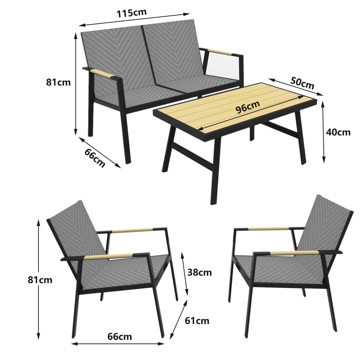 RANSENERS Premium 4tlg-Set Gartenmöbelset mit Vollemaluminium Rahmen und Polyrattan Sitzfläche für Garten Terrasse und Balkon (Grau)