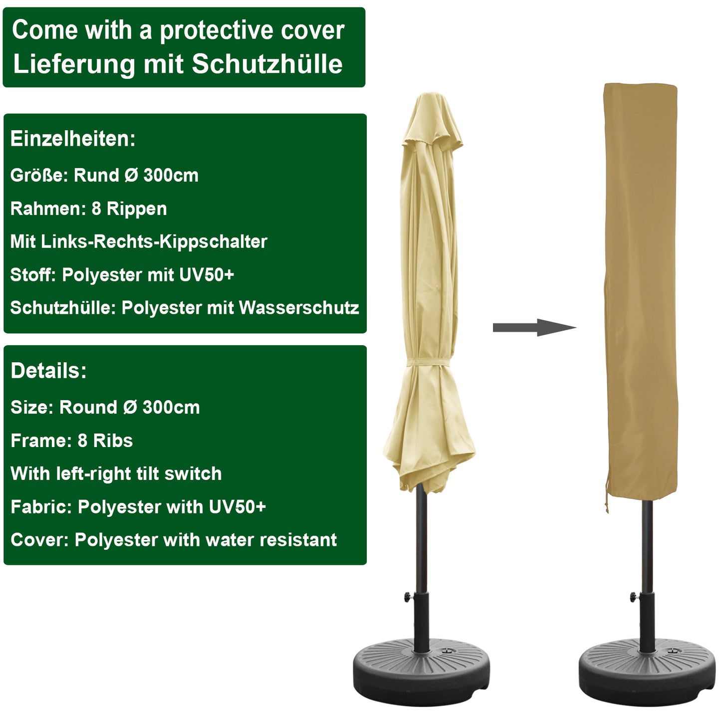 RANSENERS Sonnenschirm Ø 300 cm, Kippbarer Gartenschirm mit UV-Schutz UPF50+ (Creme)